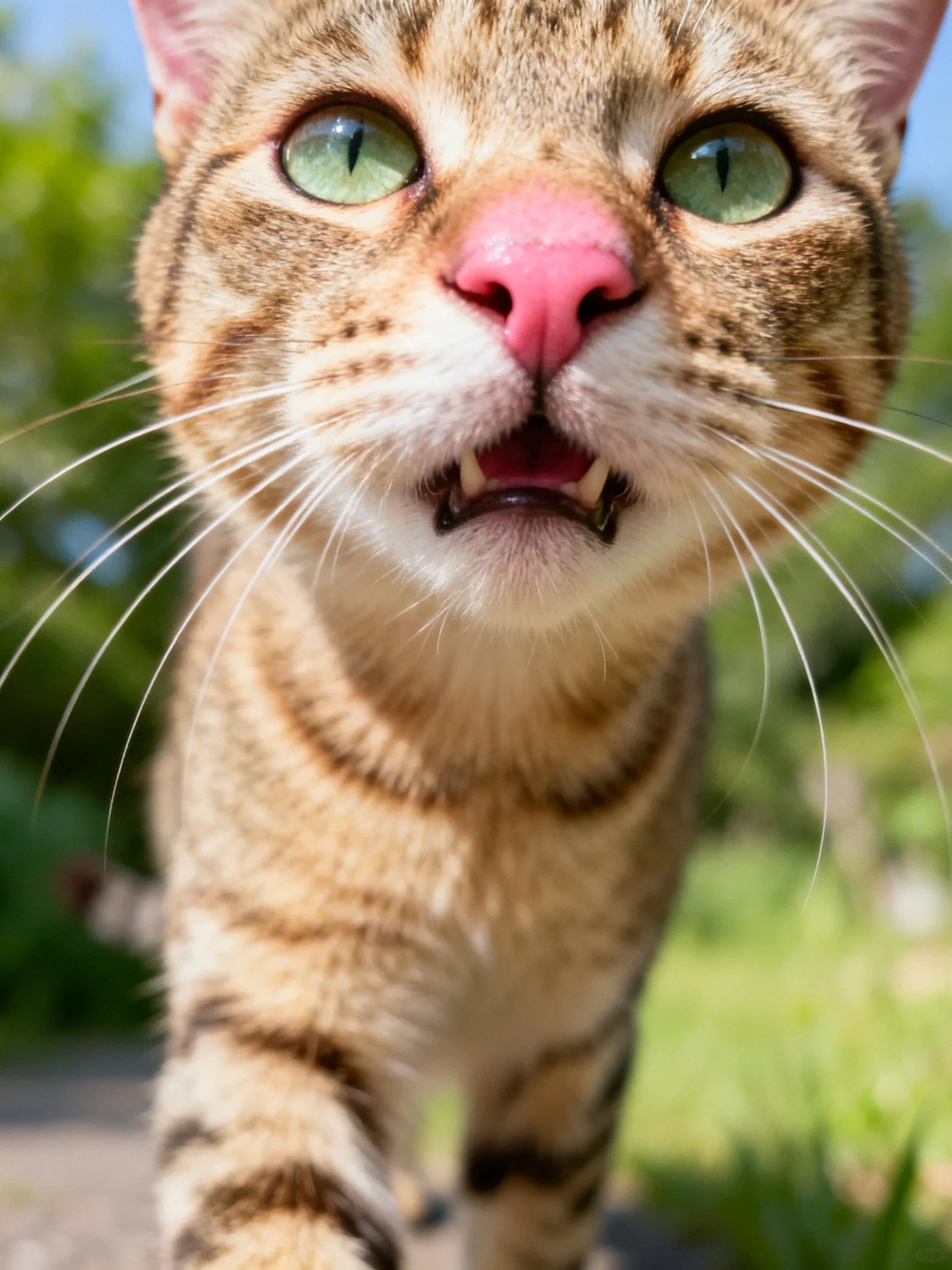 A close - up shows a tabby cat with green eyes and an open mouth.