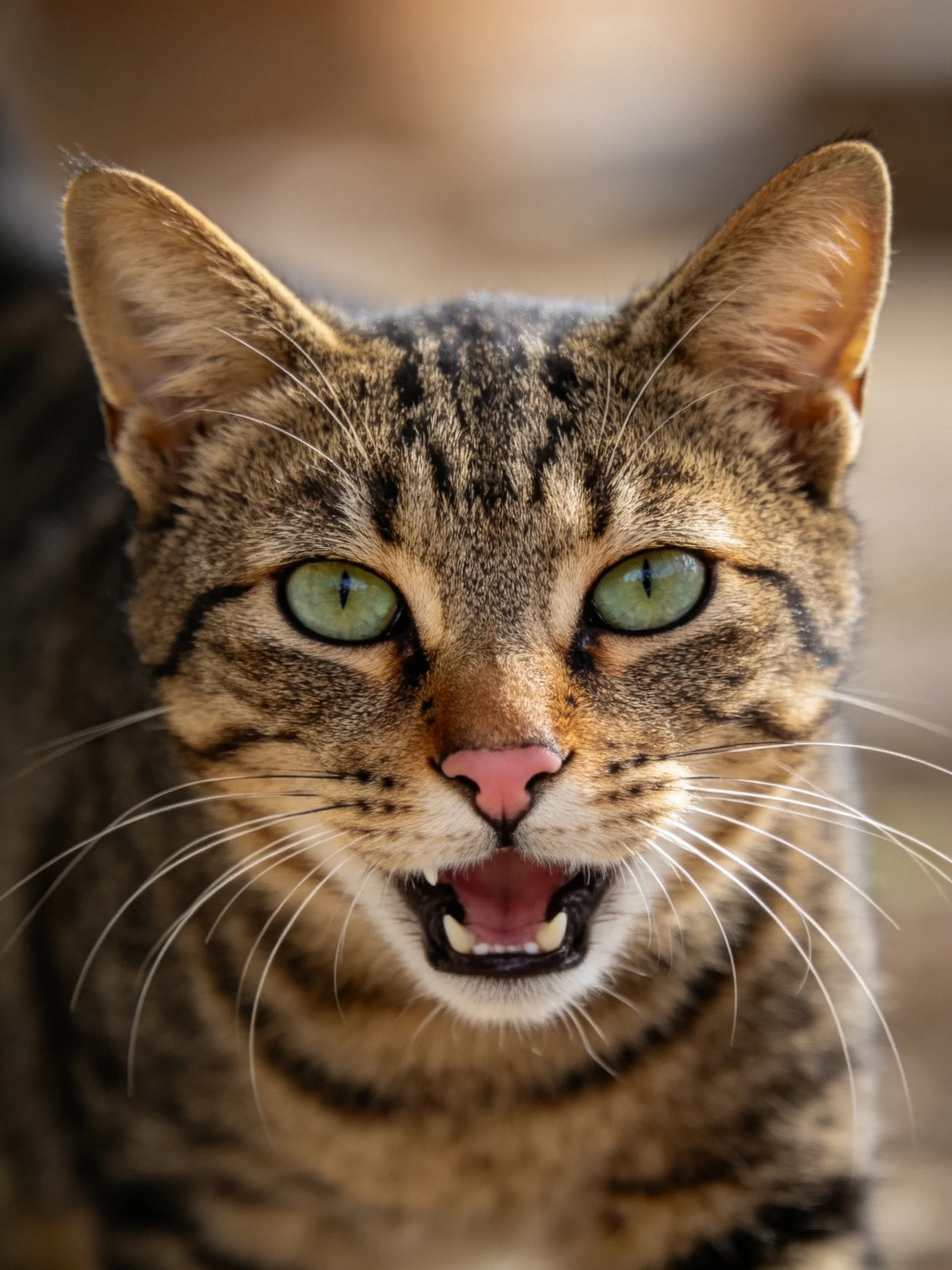 A close - up of a tabby cat with green eyes and striped fur