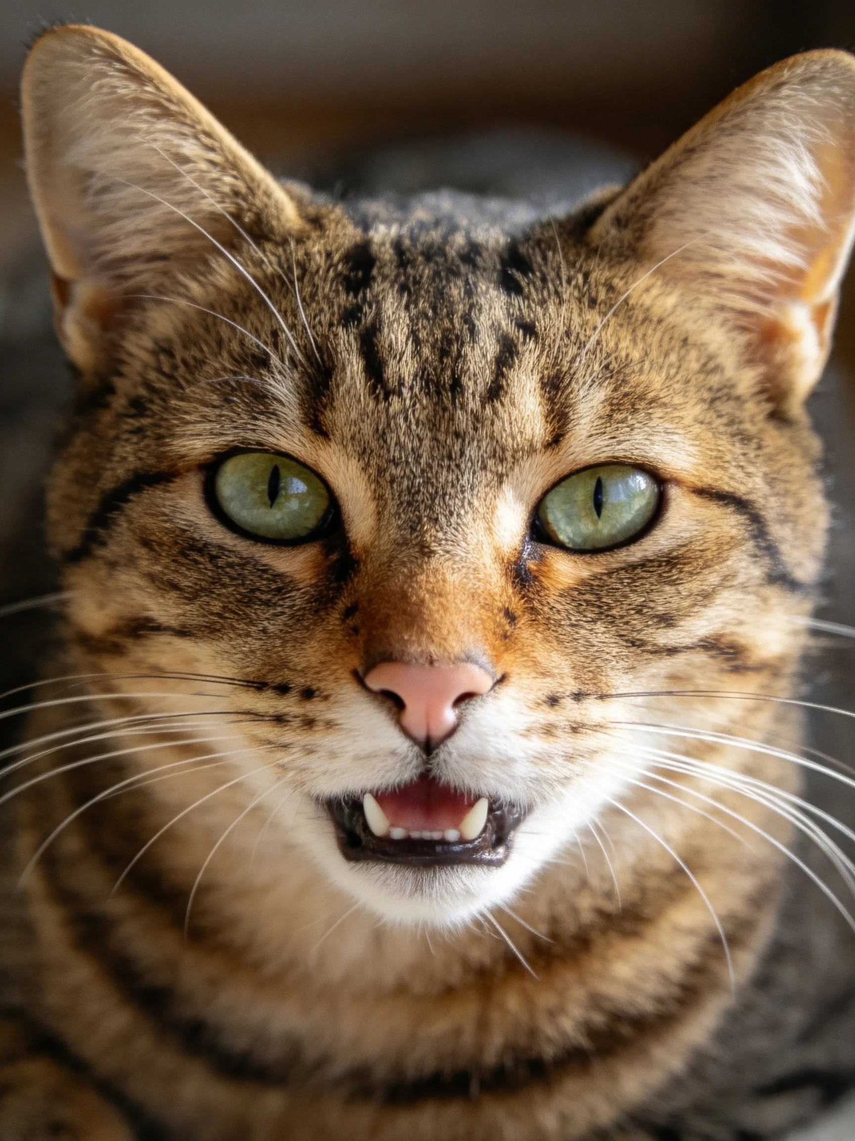 A tabby cat with green eyes is featured in a close - up photograph.