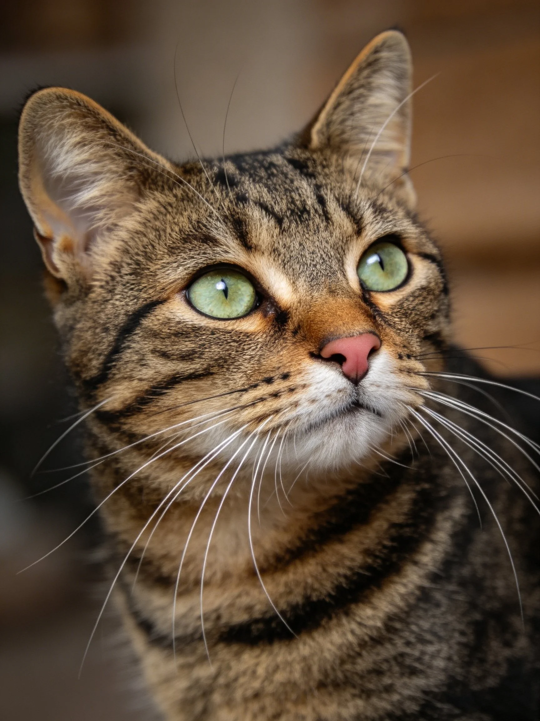 A tabby cat with green eyes and striped fur is captured in close - up.