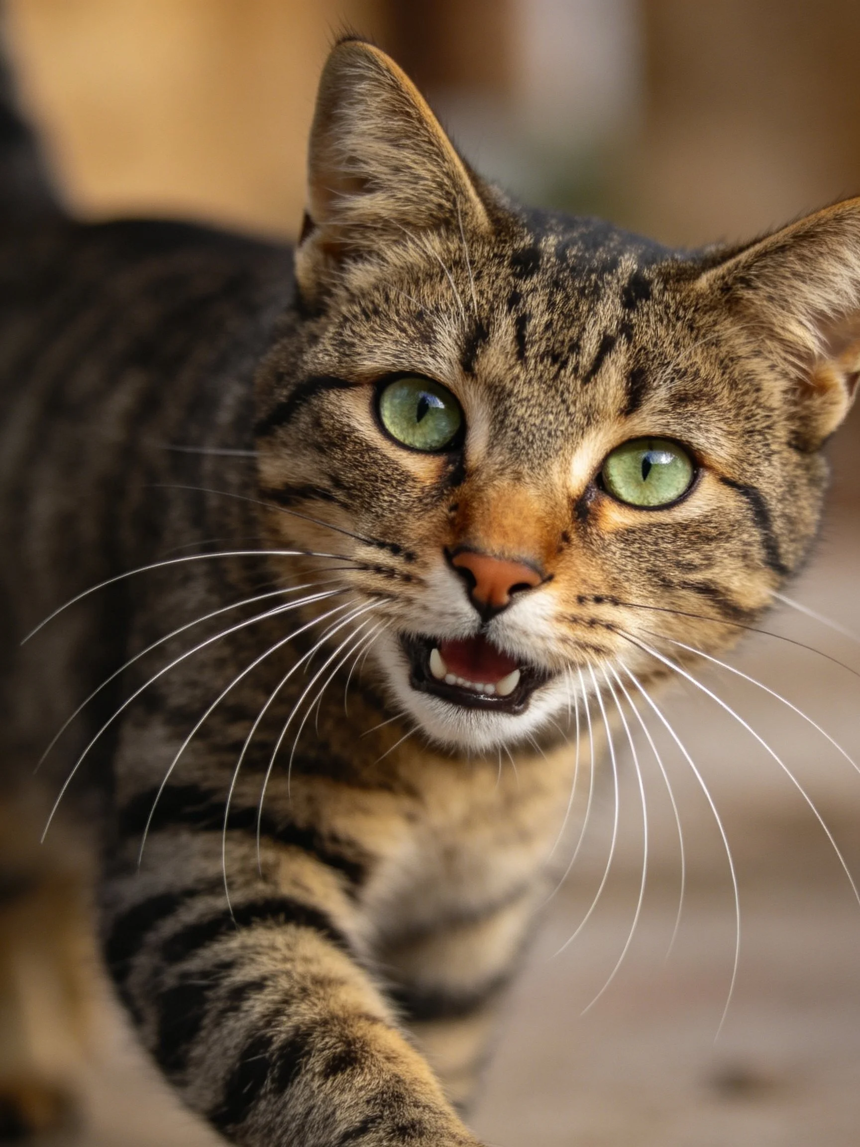 A close - up of a tabby cat with green eyes and striped fur