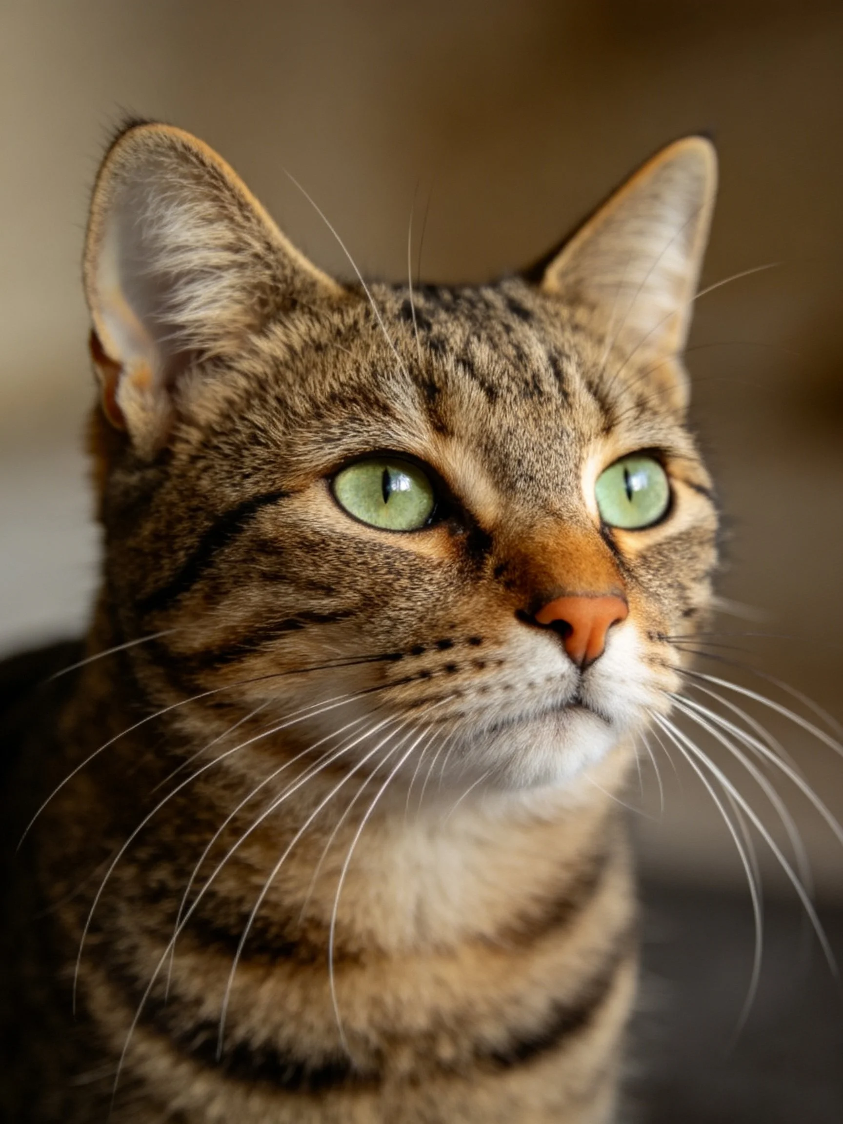 A tabby cat with green eyes is shown in a close - up.