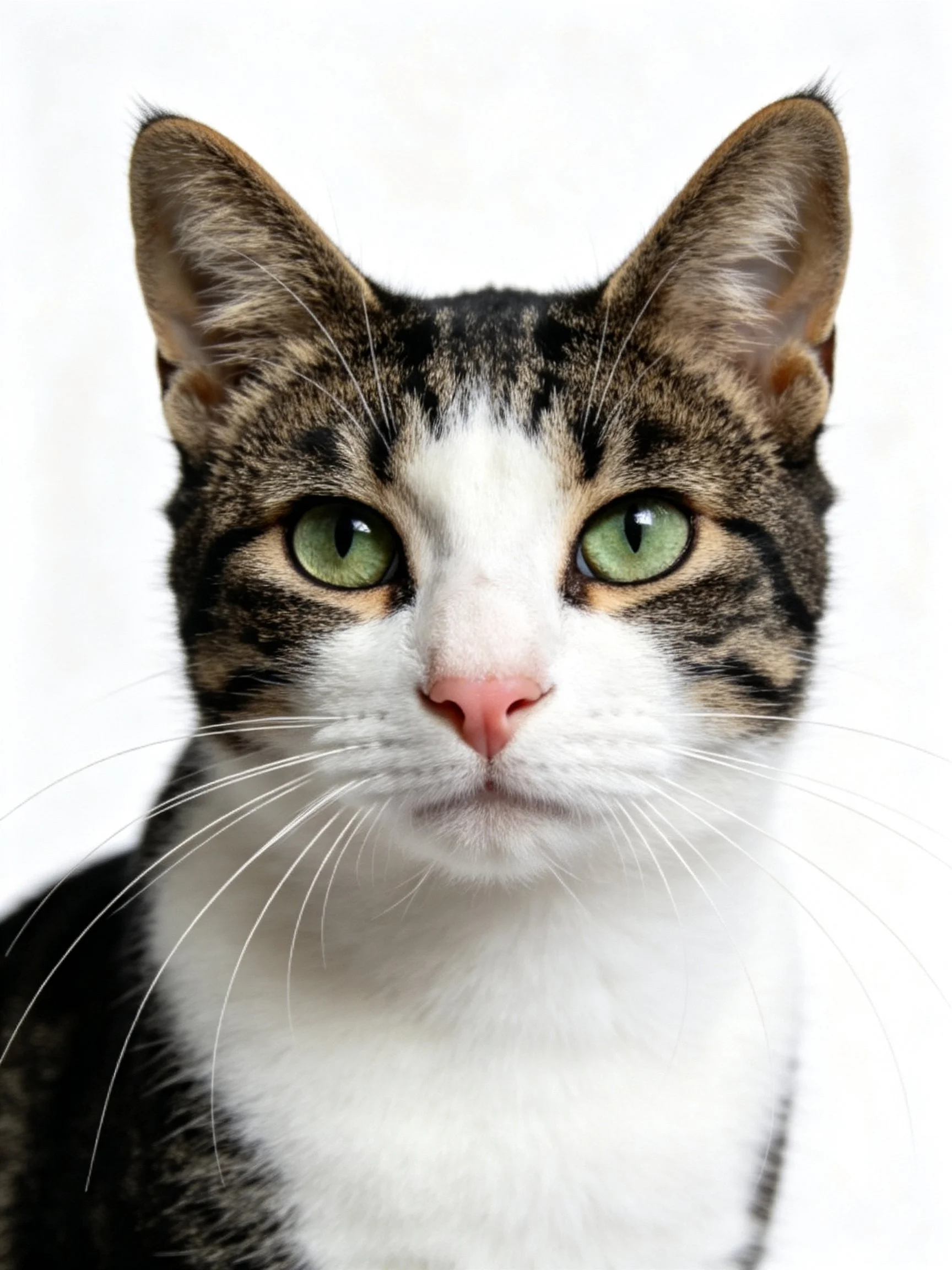 A tabby cat with green eyes and white markings is shown up close.