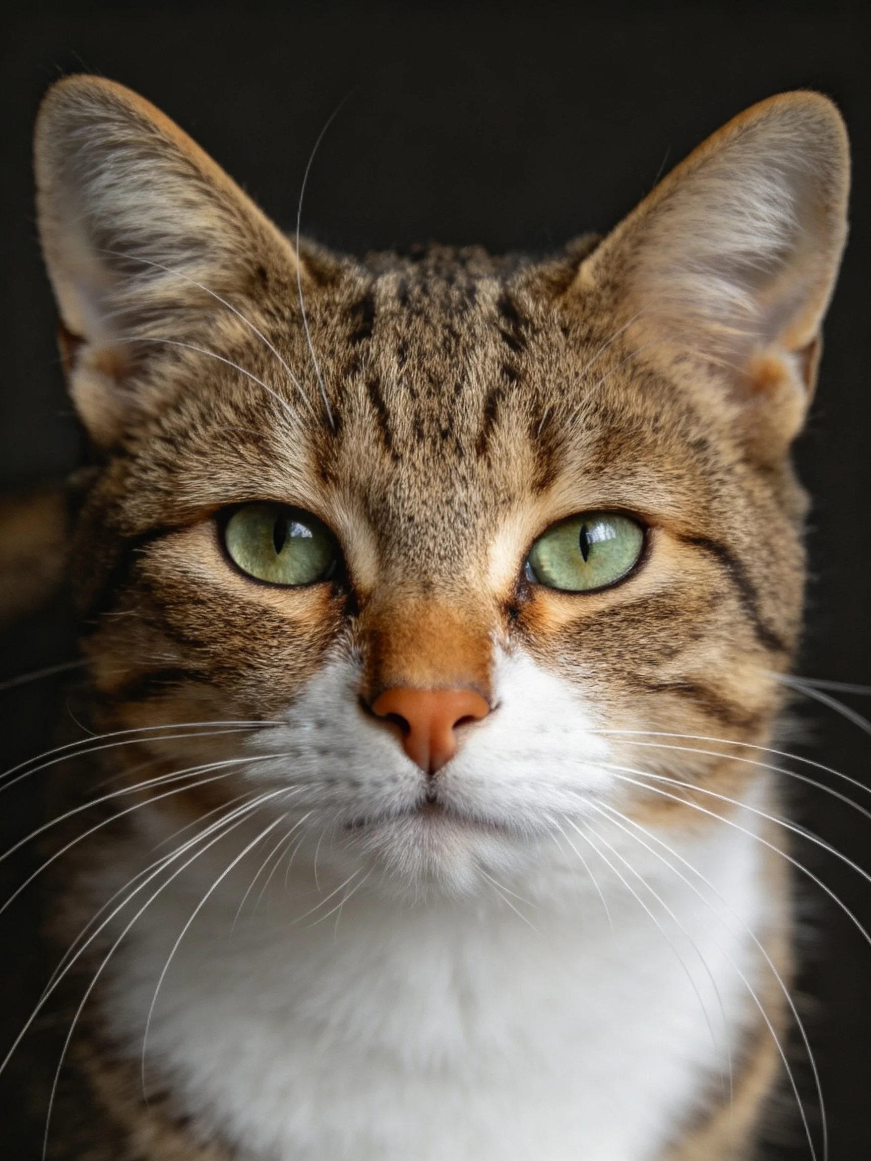 A close - up of a tabby cat with green eyes and white facial markings