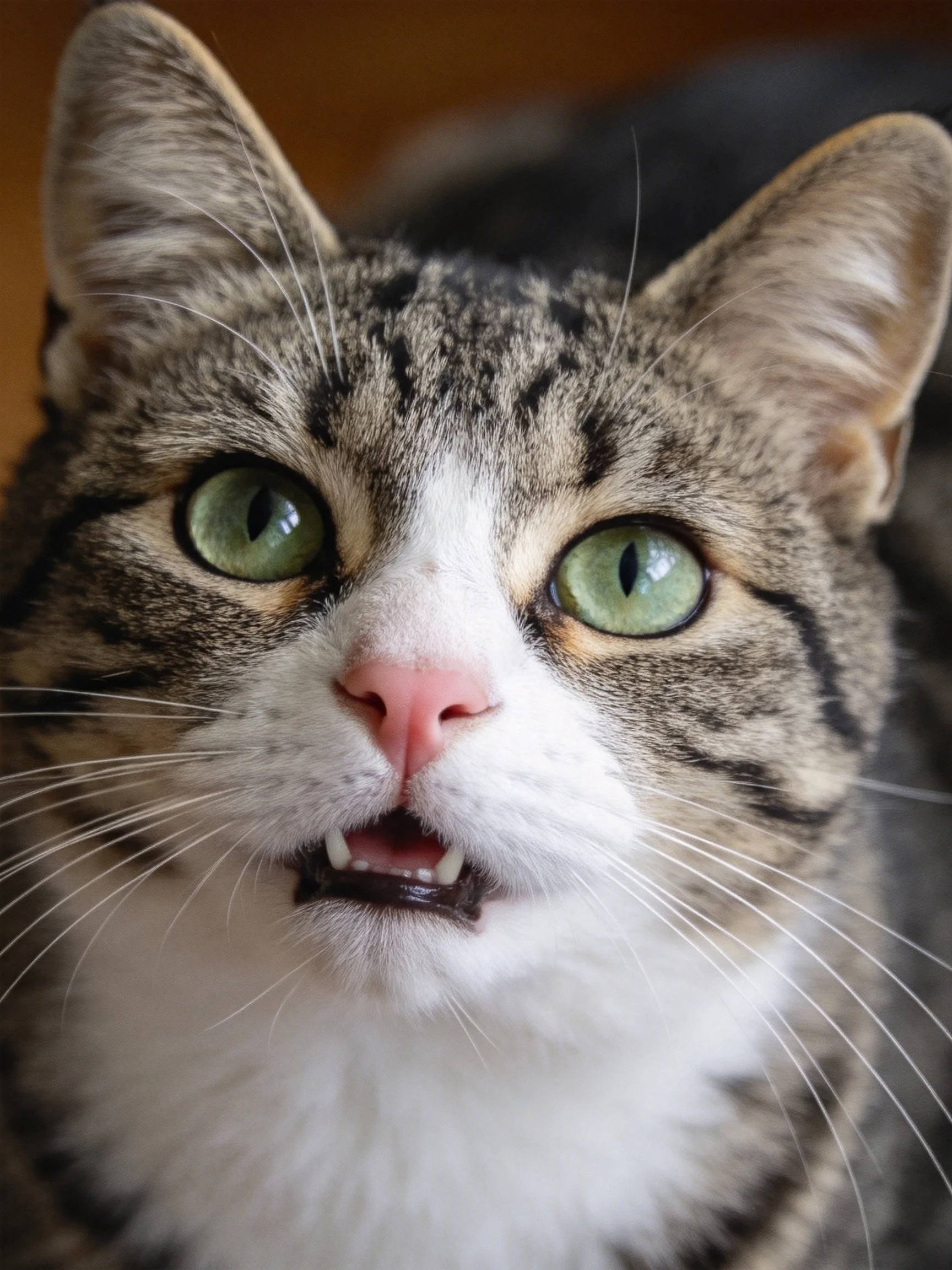 A tabby cat with green eyes and white markings stares directly at the camera.