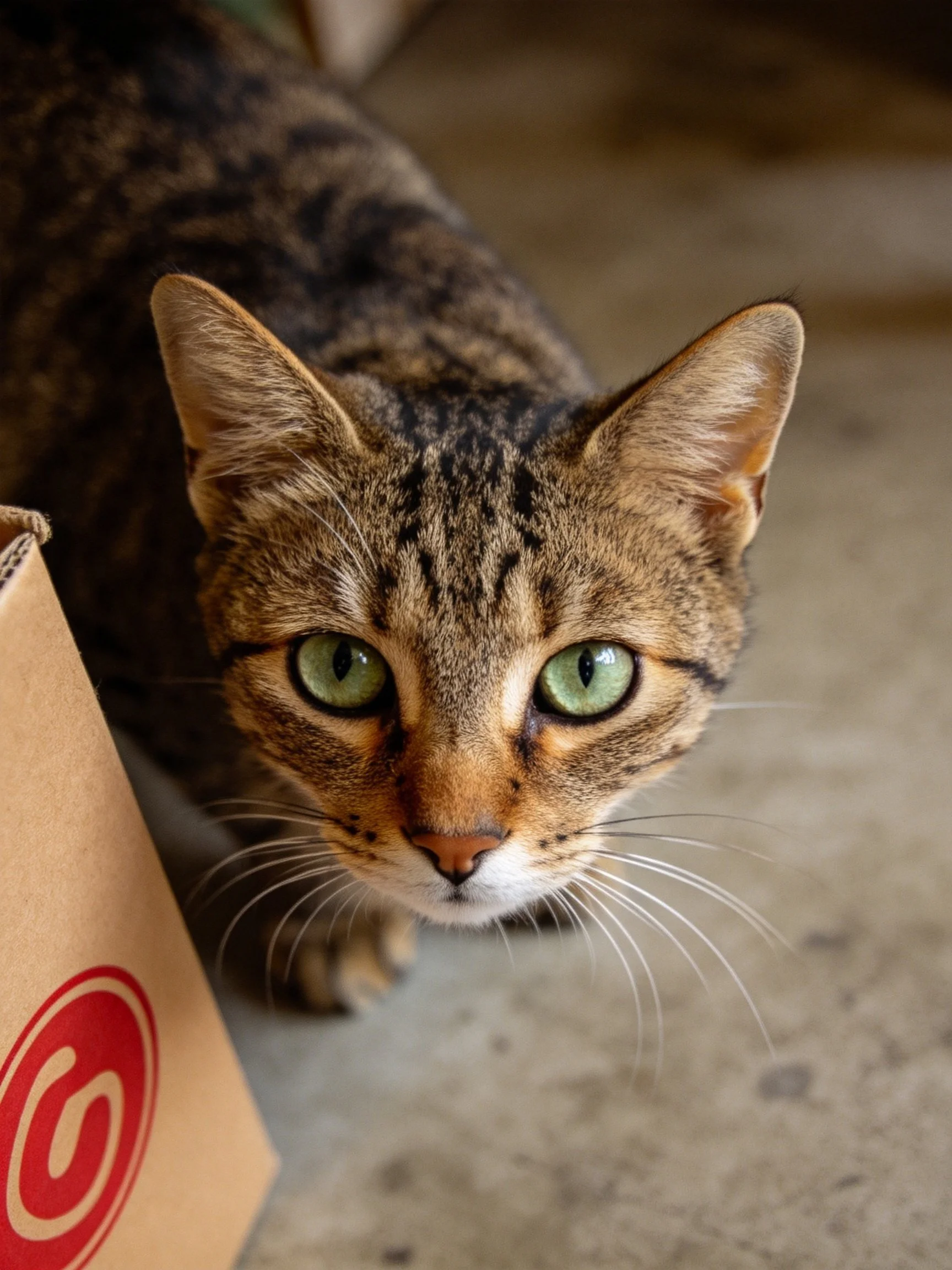 A tabby cat with green eyes is near a brown paper bag