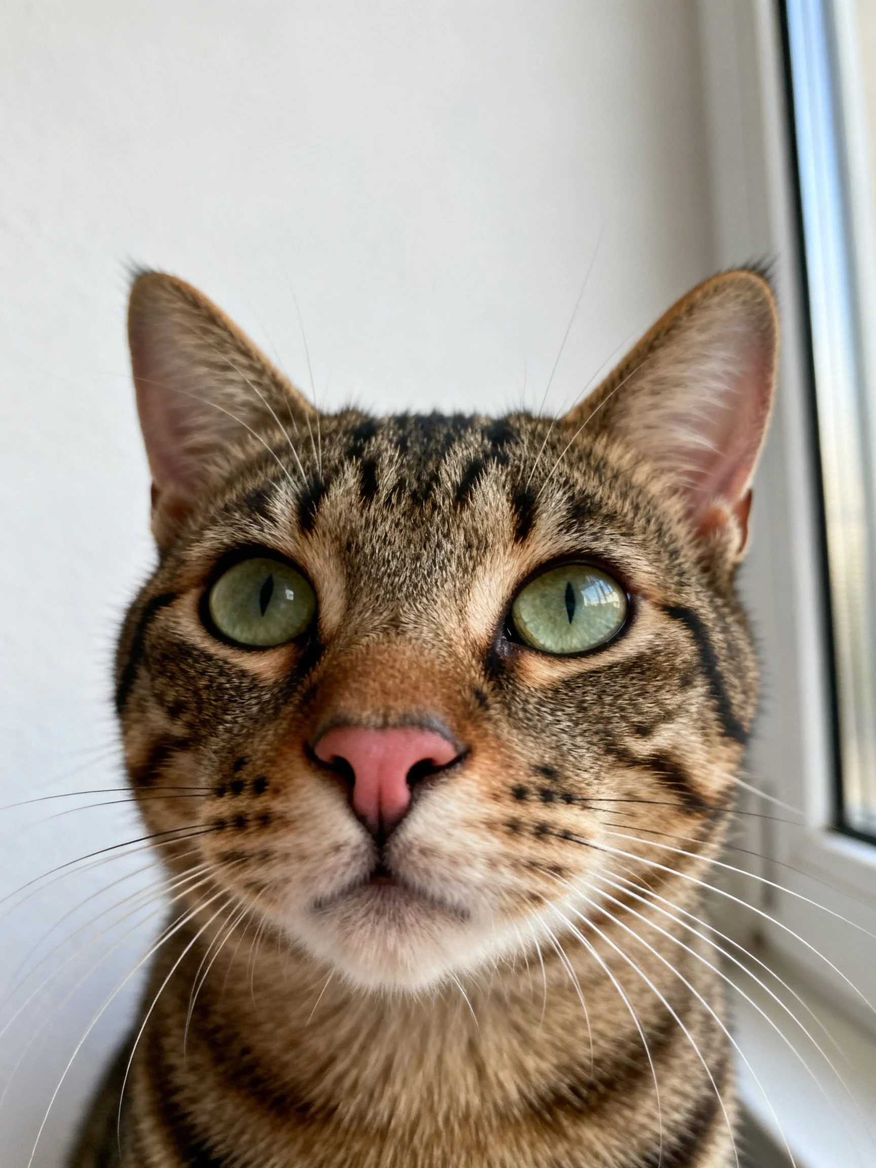 A close - up of a tabby cat with green eyes by a window
