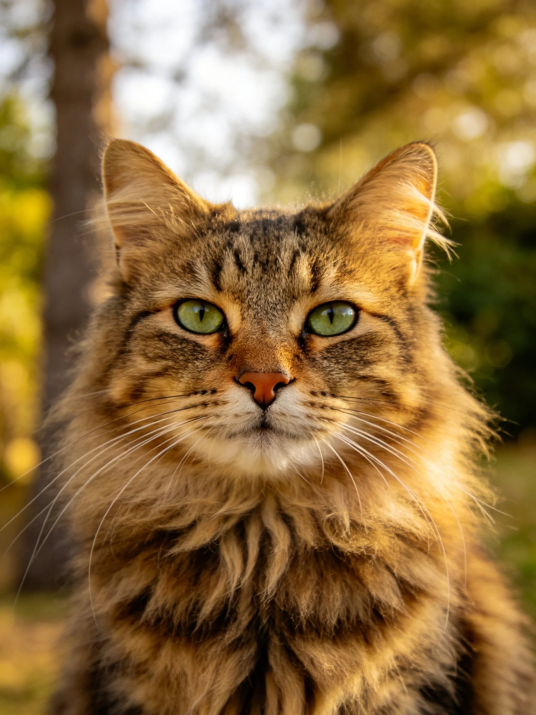 A close-up of a tabby cat with green eyes in a sunlit outdoor setting