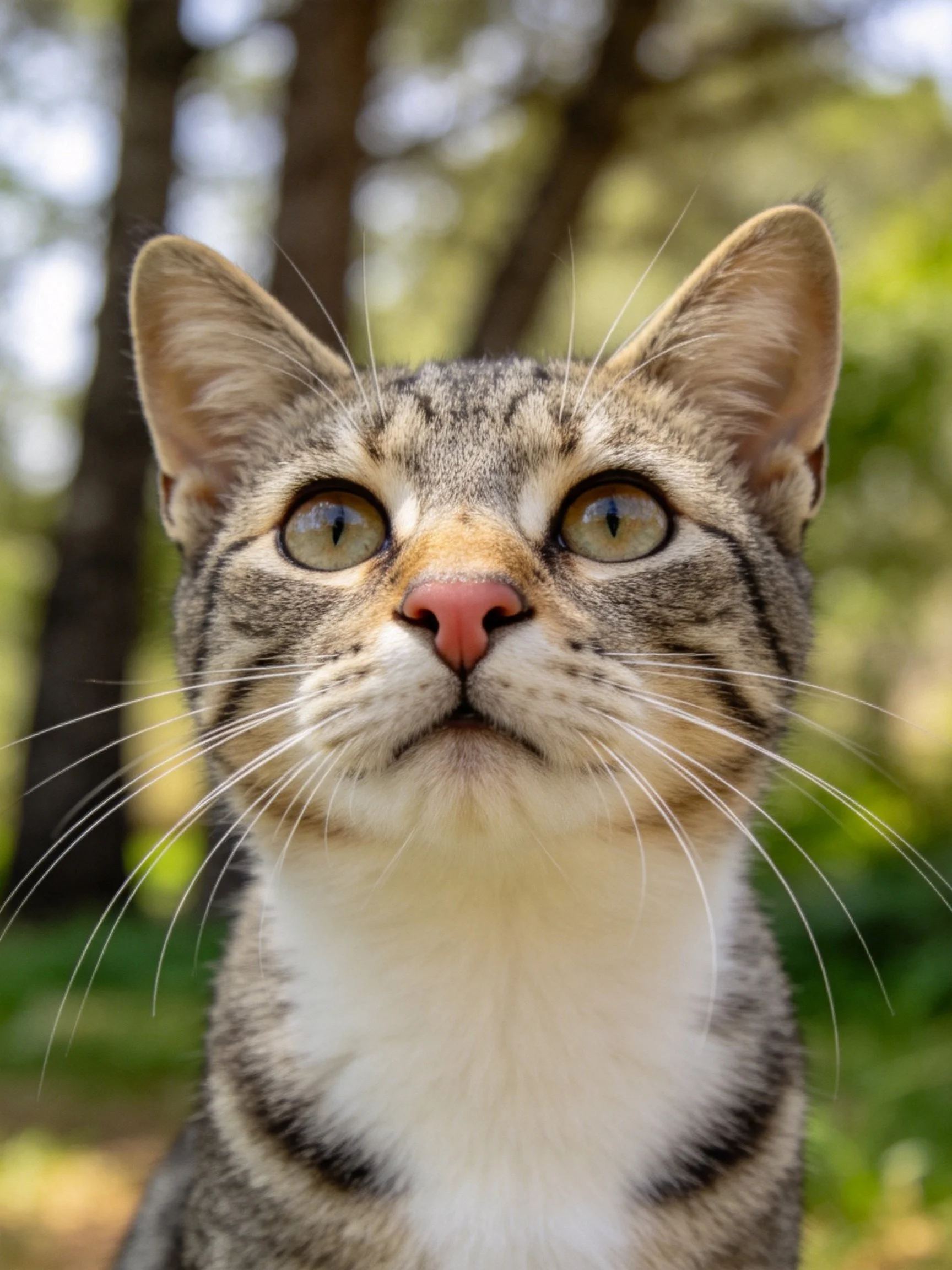 A tabby cat with green eyes is photographed closely in a forested outdoor space.