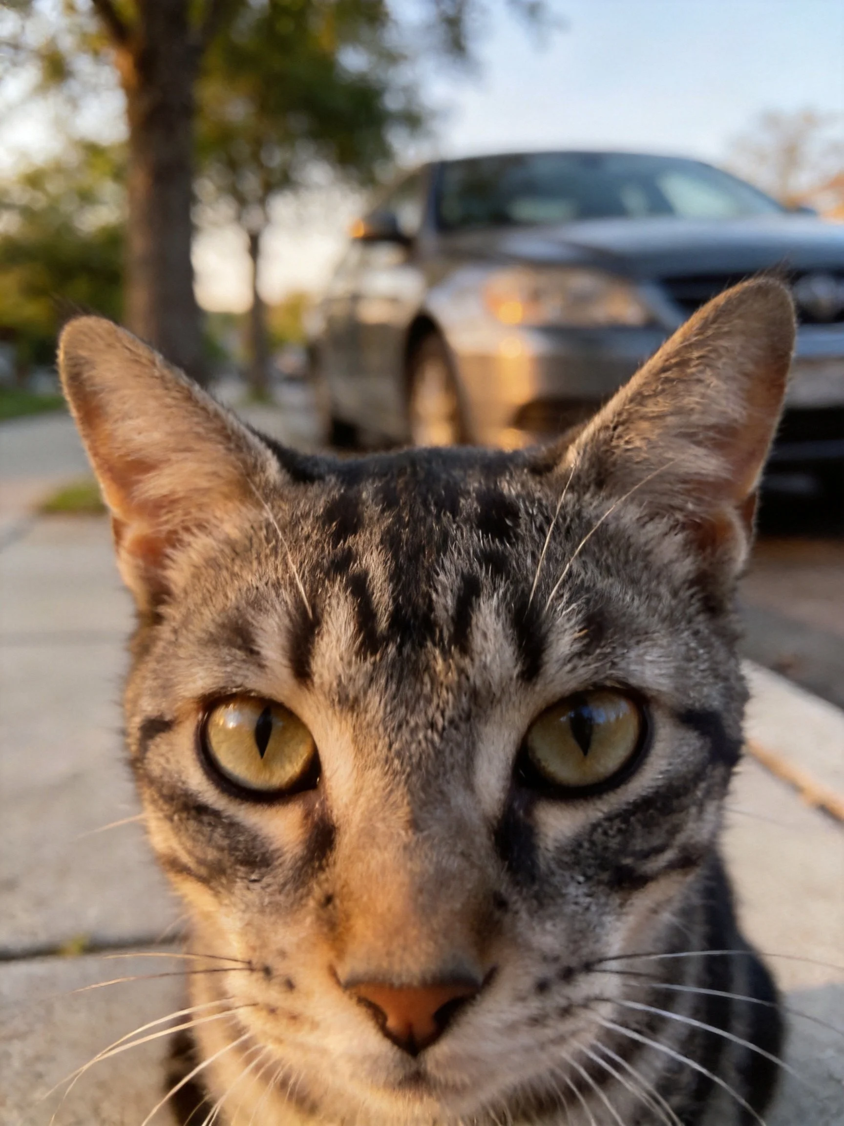 A tabby cat with green eyes is photographed up close near a parked car