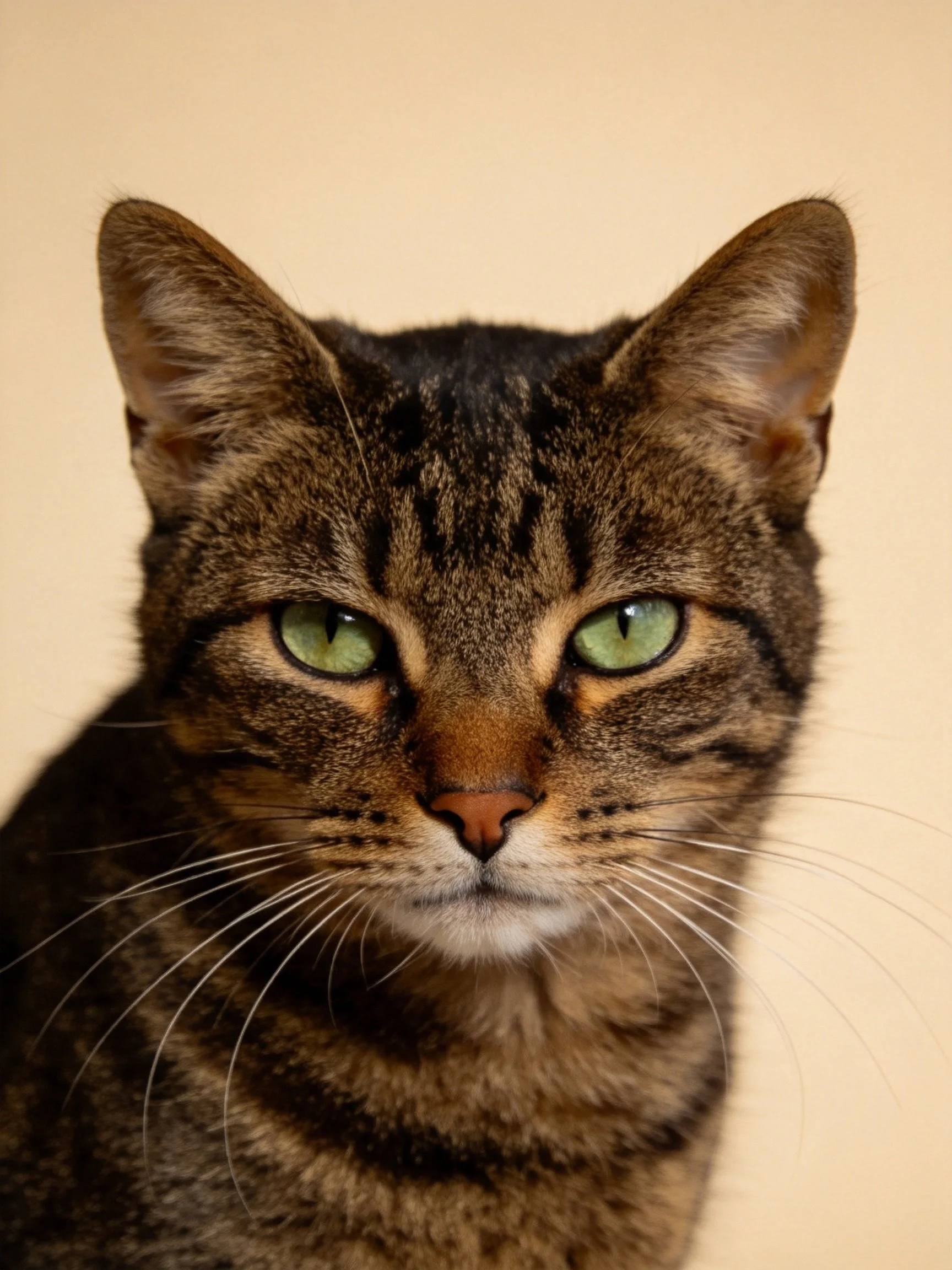 A tabby cat with green eyes is shown in a close-up photo against a beige backdrop.