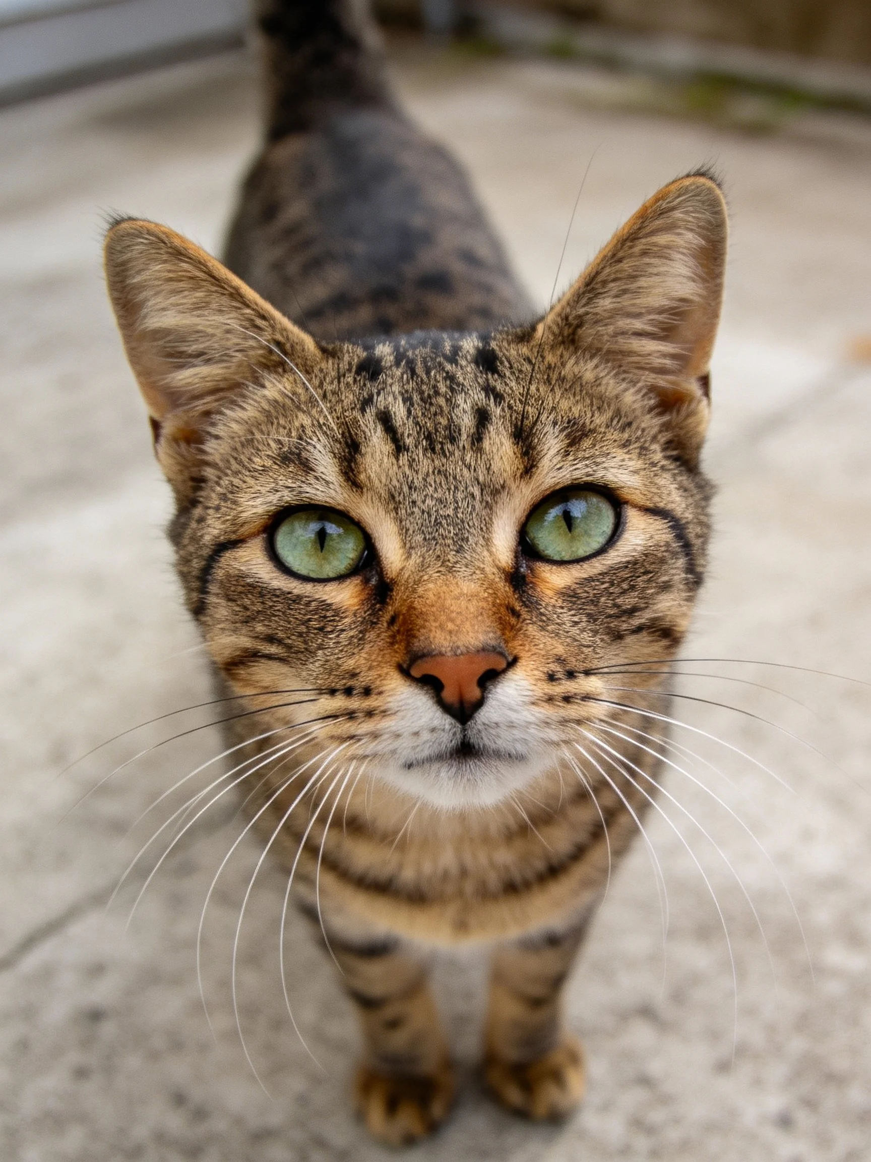 A tabby cat with green eyes stands close to the camera on a concrete area.