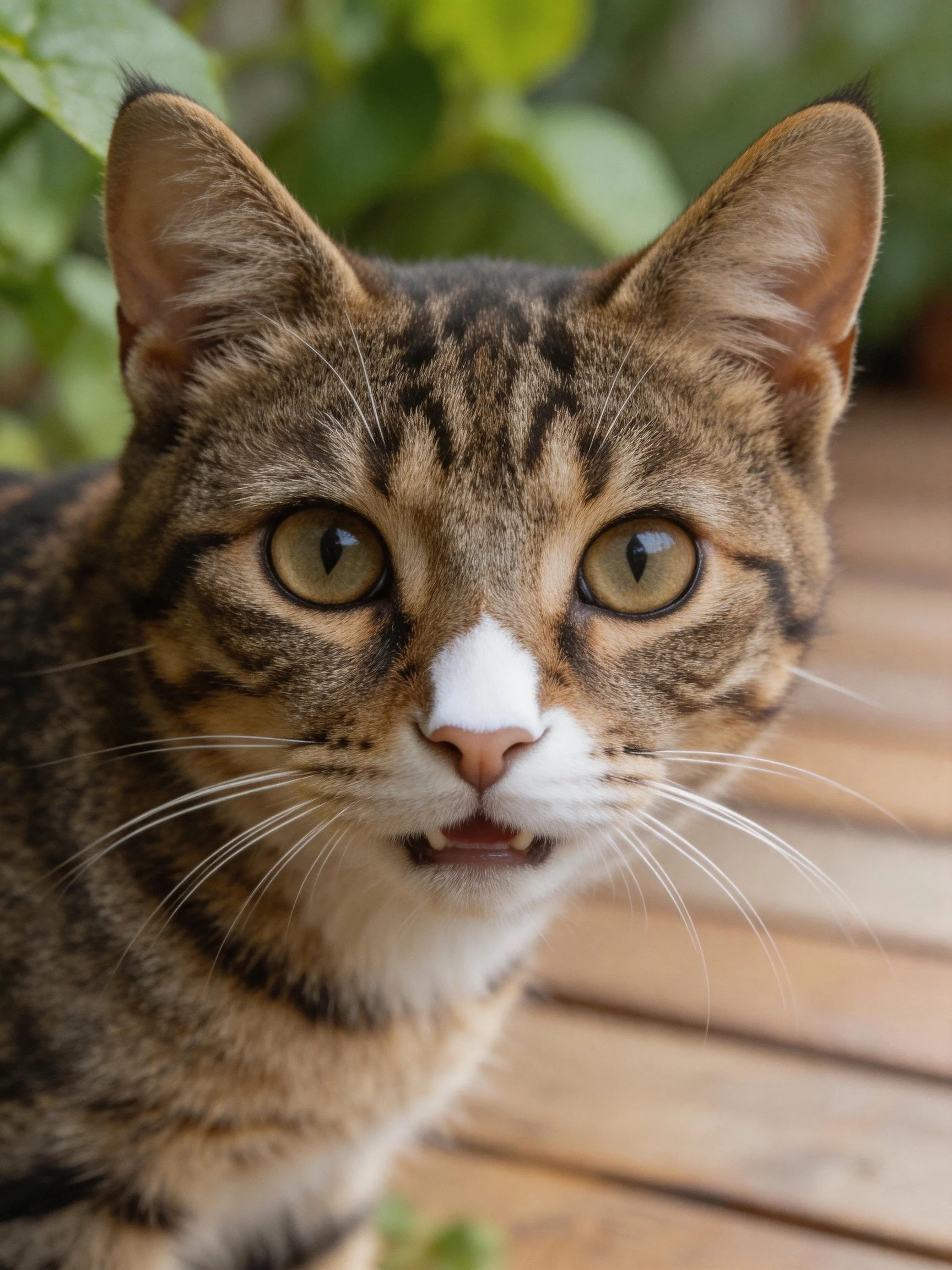 A tabby cat with green eyes sits on a wooden surface near greenery.