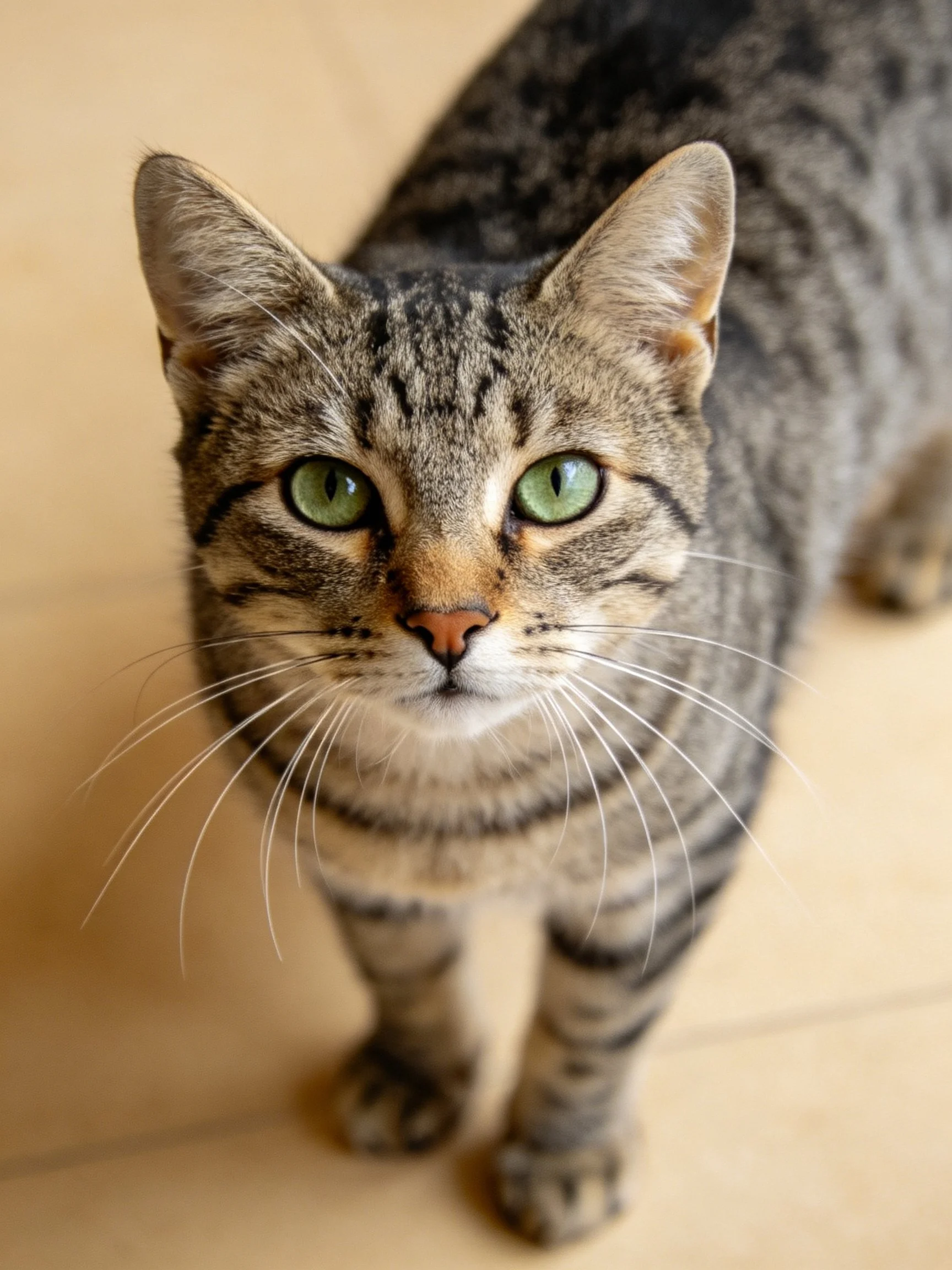 A tabby cat with bright green eyes stands on a wooden floor