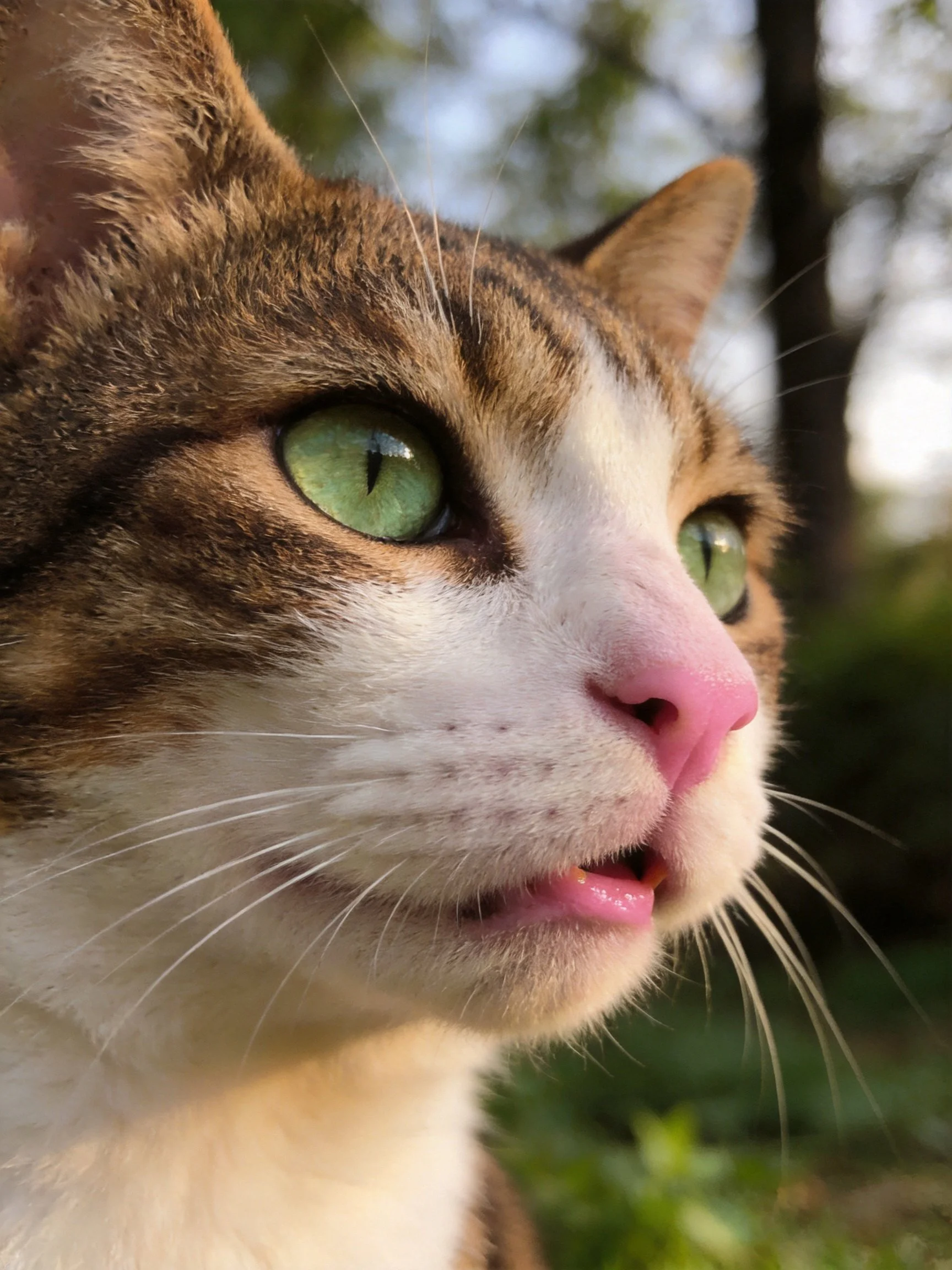 A tabby cat with green eyes is shown up close in an outdoor setting.