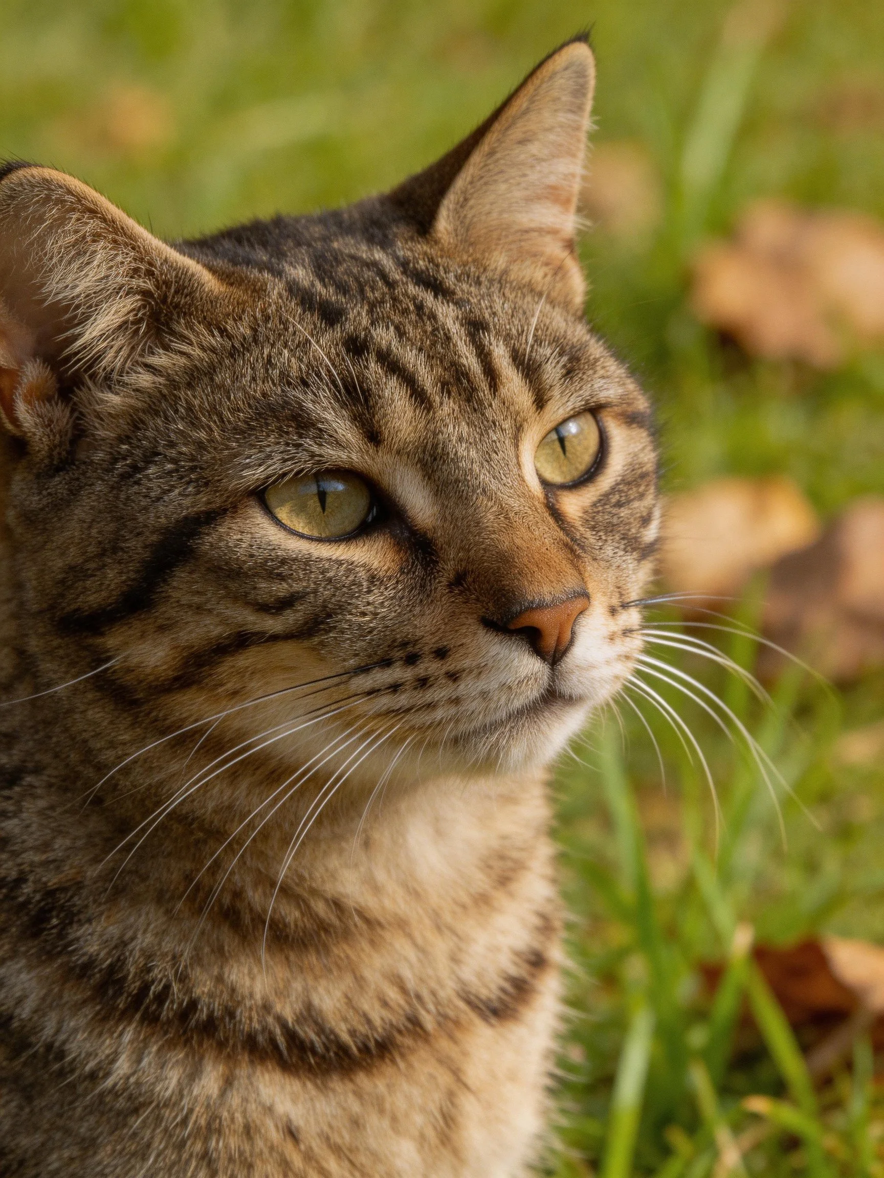 A tabby cat looks thoughtful amid grass and fallen leaves.