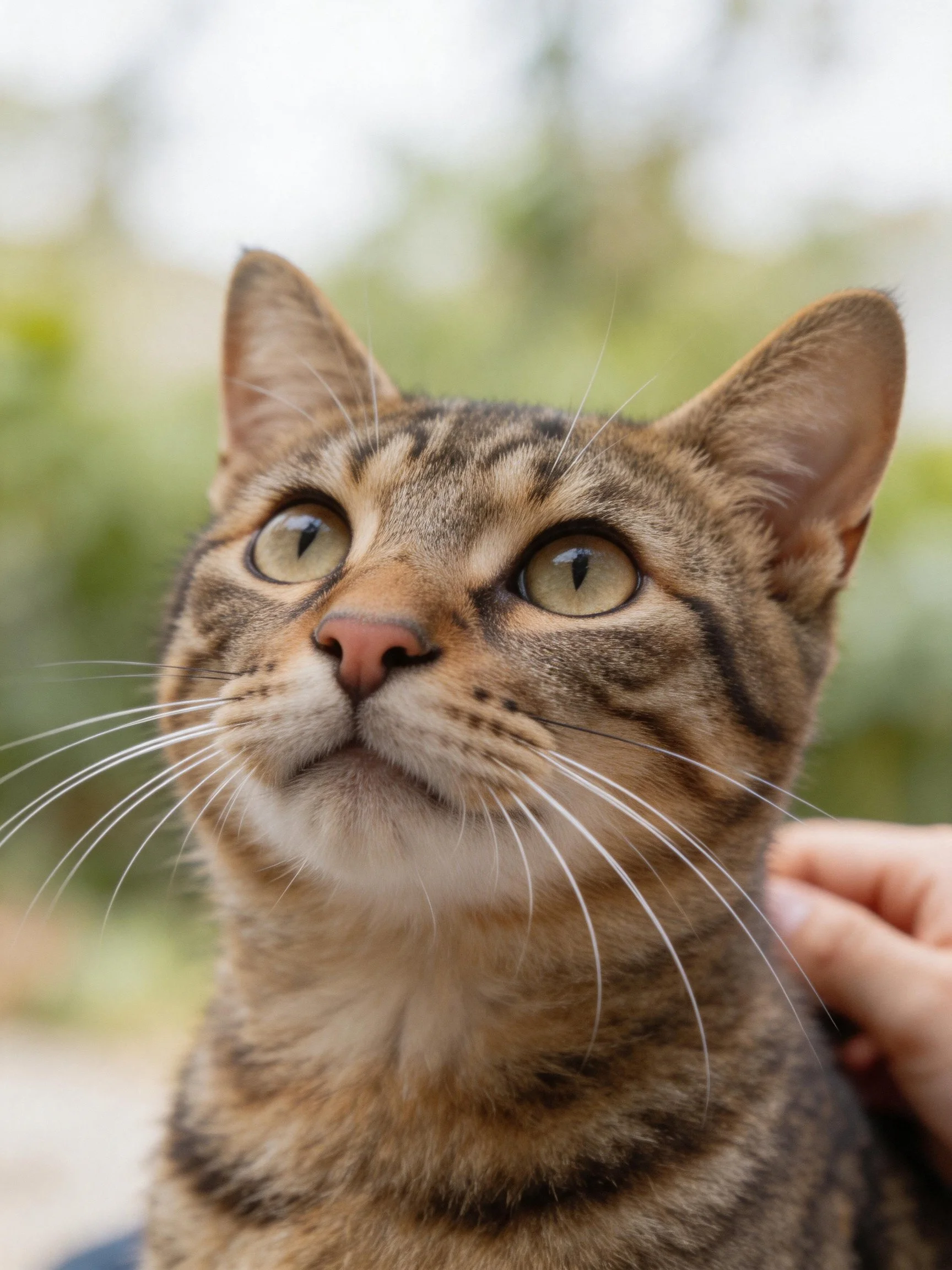 A tabby cat with green eyes looks upward while being petted outside.