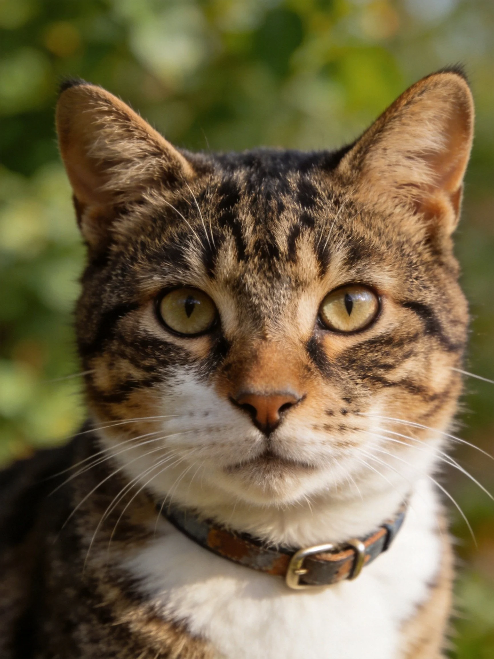 A tabby cat with green eyes and a worn collar is shown up close outdoors.