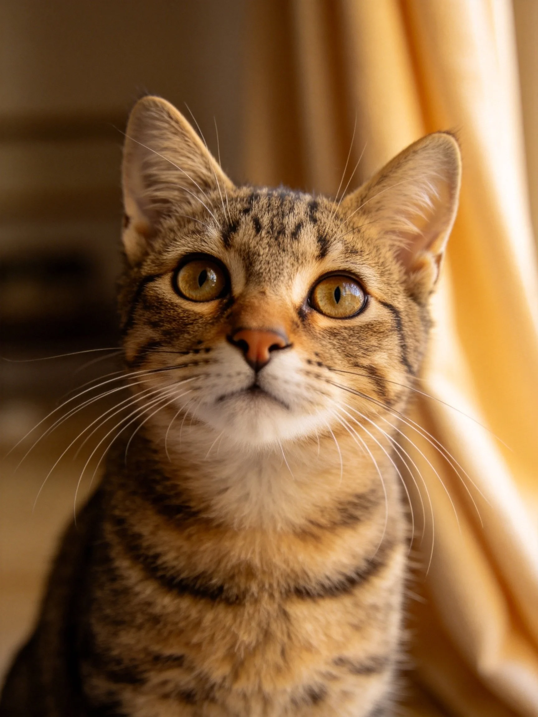 A close - up of a tabby cat with large amber eyes near golden curtains