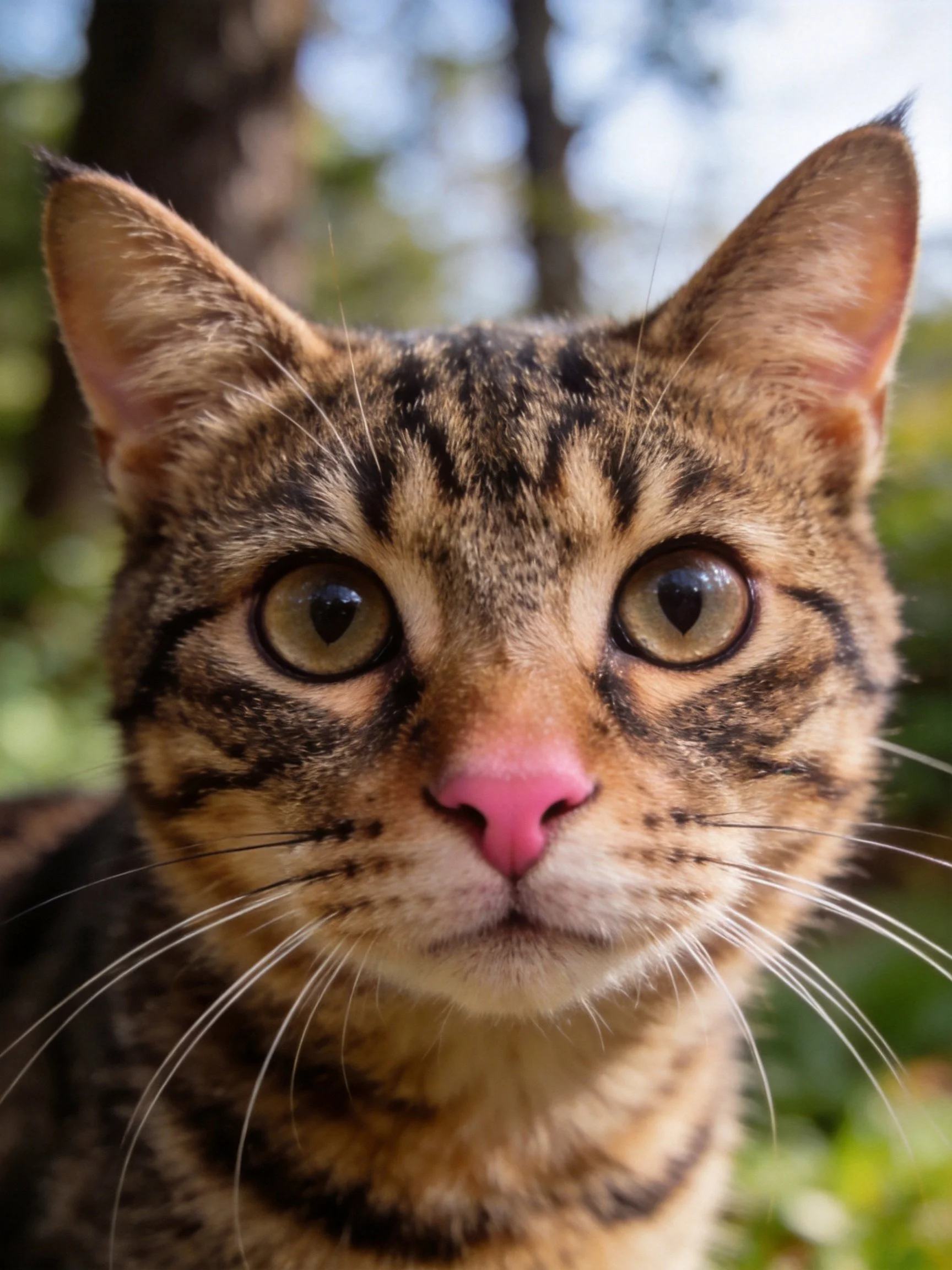 A close - up of a tabby cat with large green eyes and pink nose in an outdoor setting