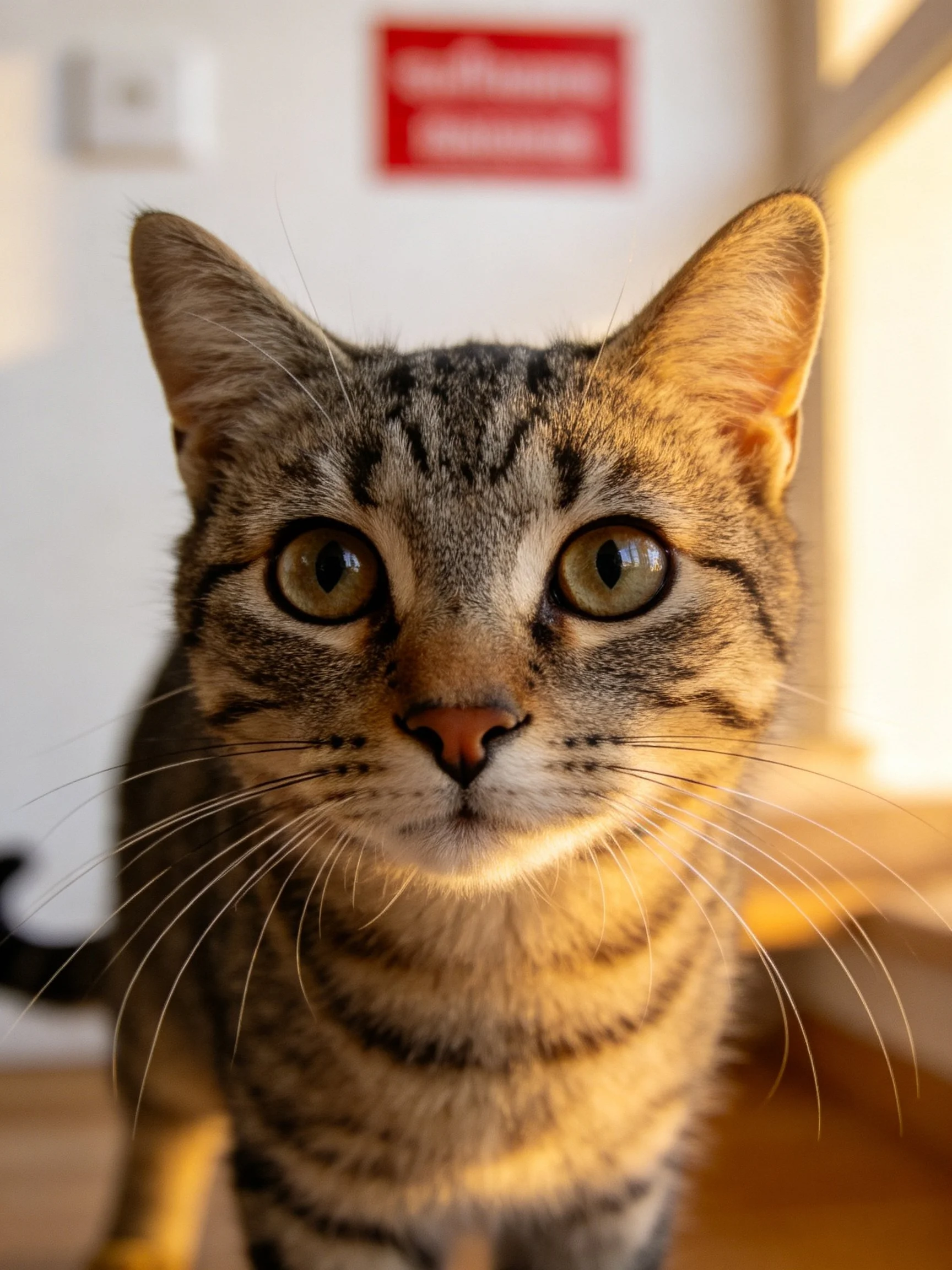 A tabby cat with large green eyes is photographed closely indoors.