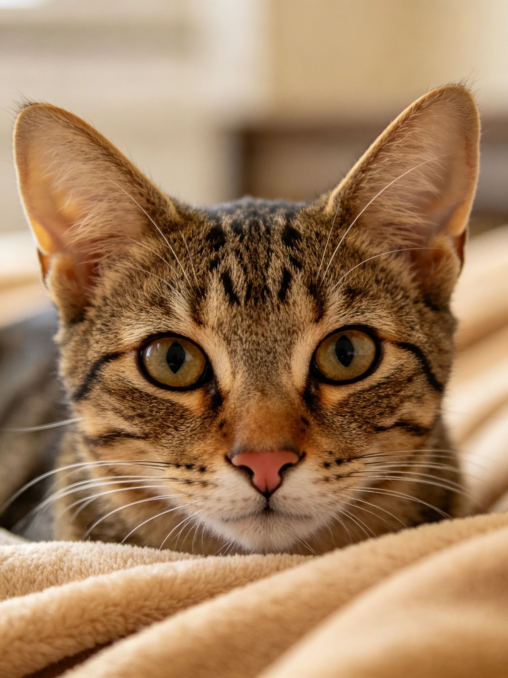 A tabby cat with large green eyes rests on a beige blanket.