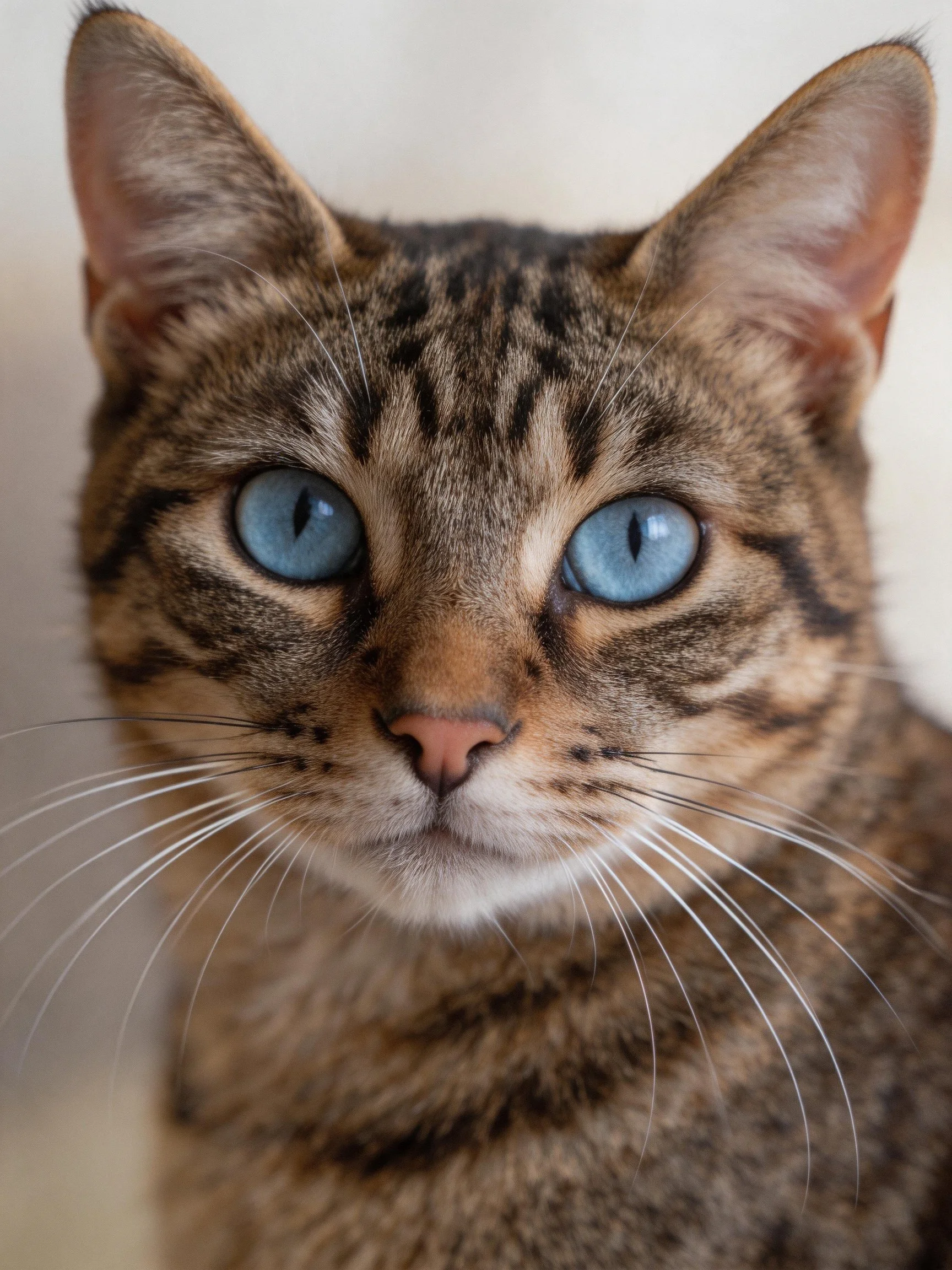A close - up of a tabby cat with striking blue eyes