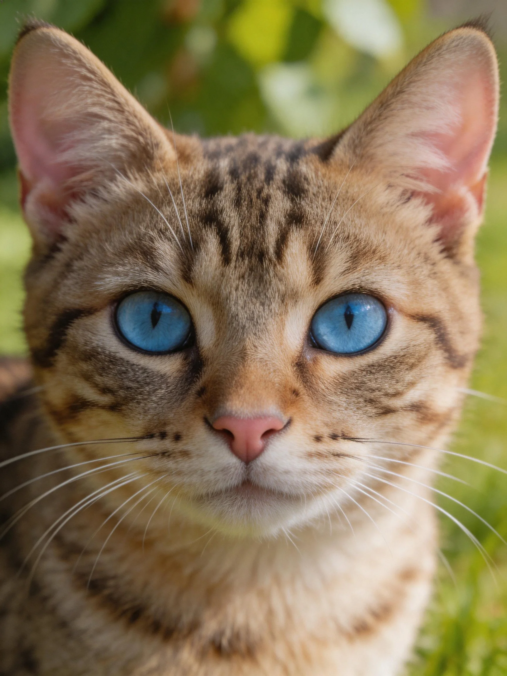 A close - up of a tabby cat with striking blue eyes