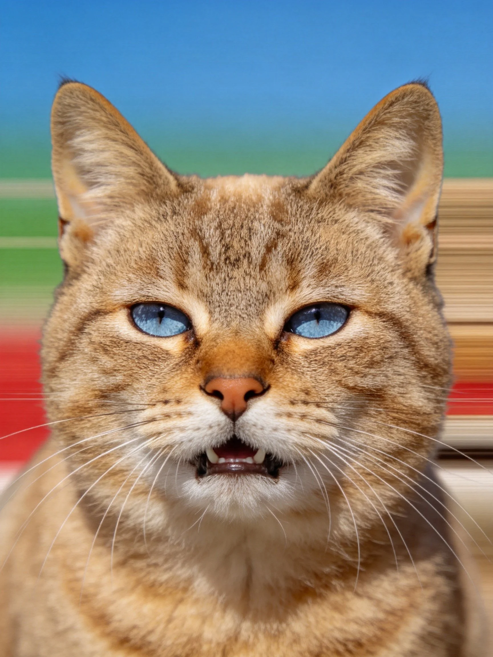 A close - up of a tabby cat with striking blue eyes