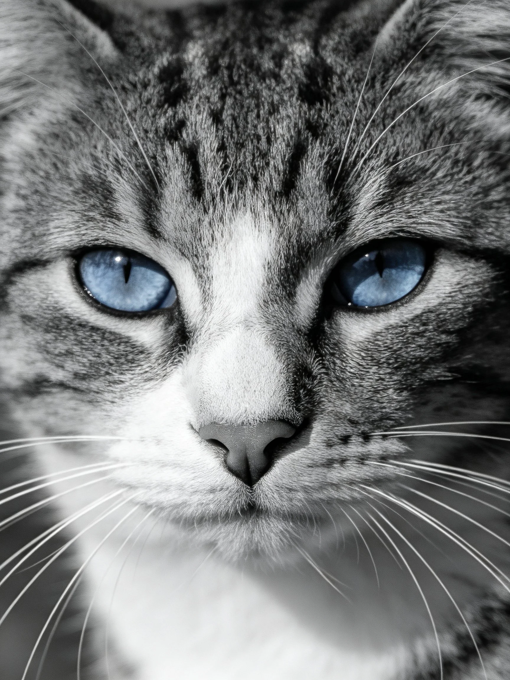A close - up of a tabby cat with striking blue eyes