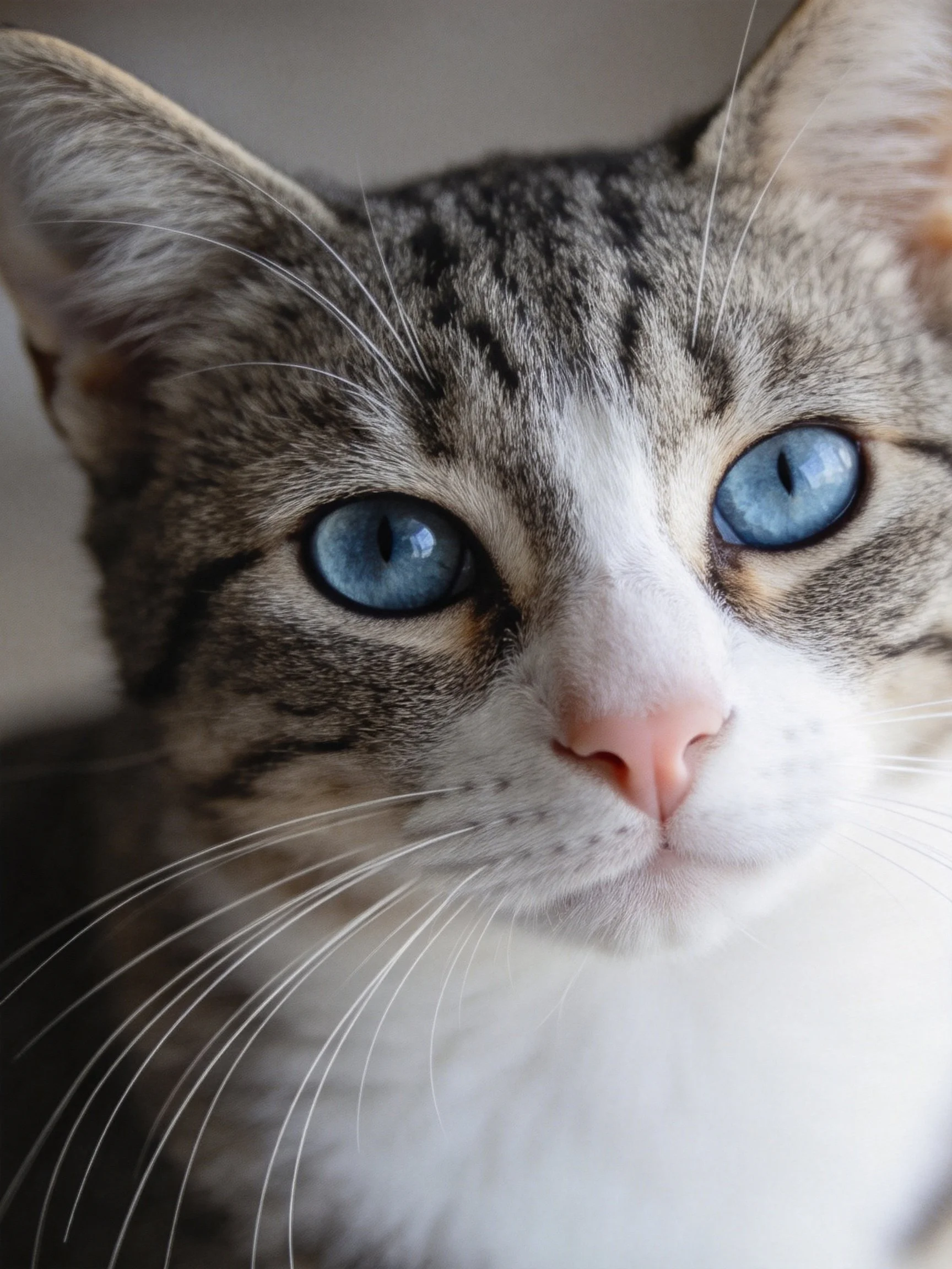 A close-up of a tabby cat with striking blue eyes