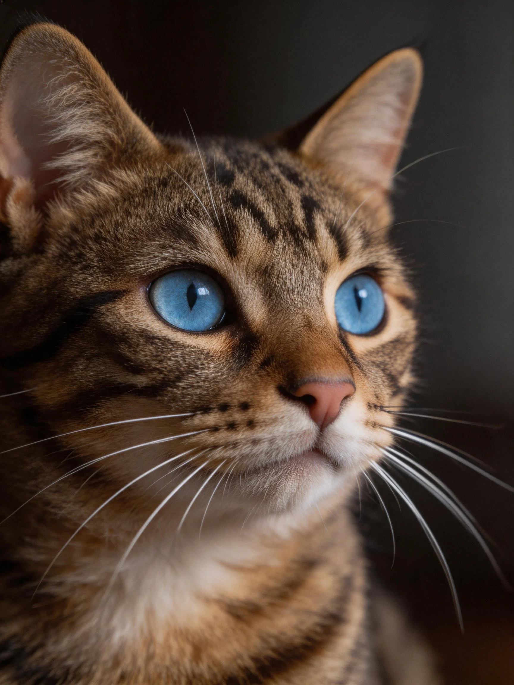 A close - up of a tabby cat with striking blue eyes