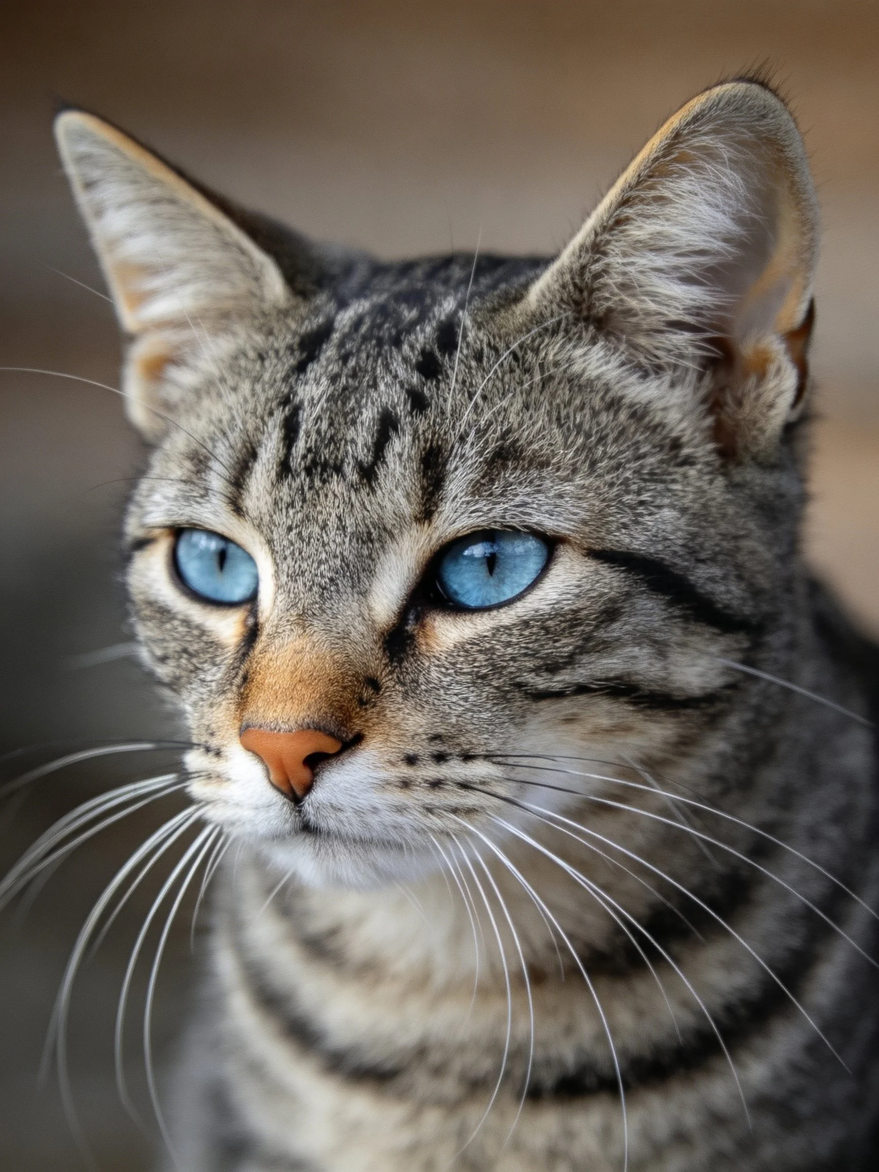 A close-up of a tabby cat with striking blue eyes
