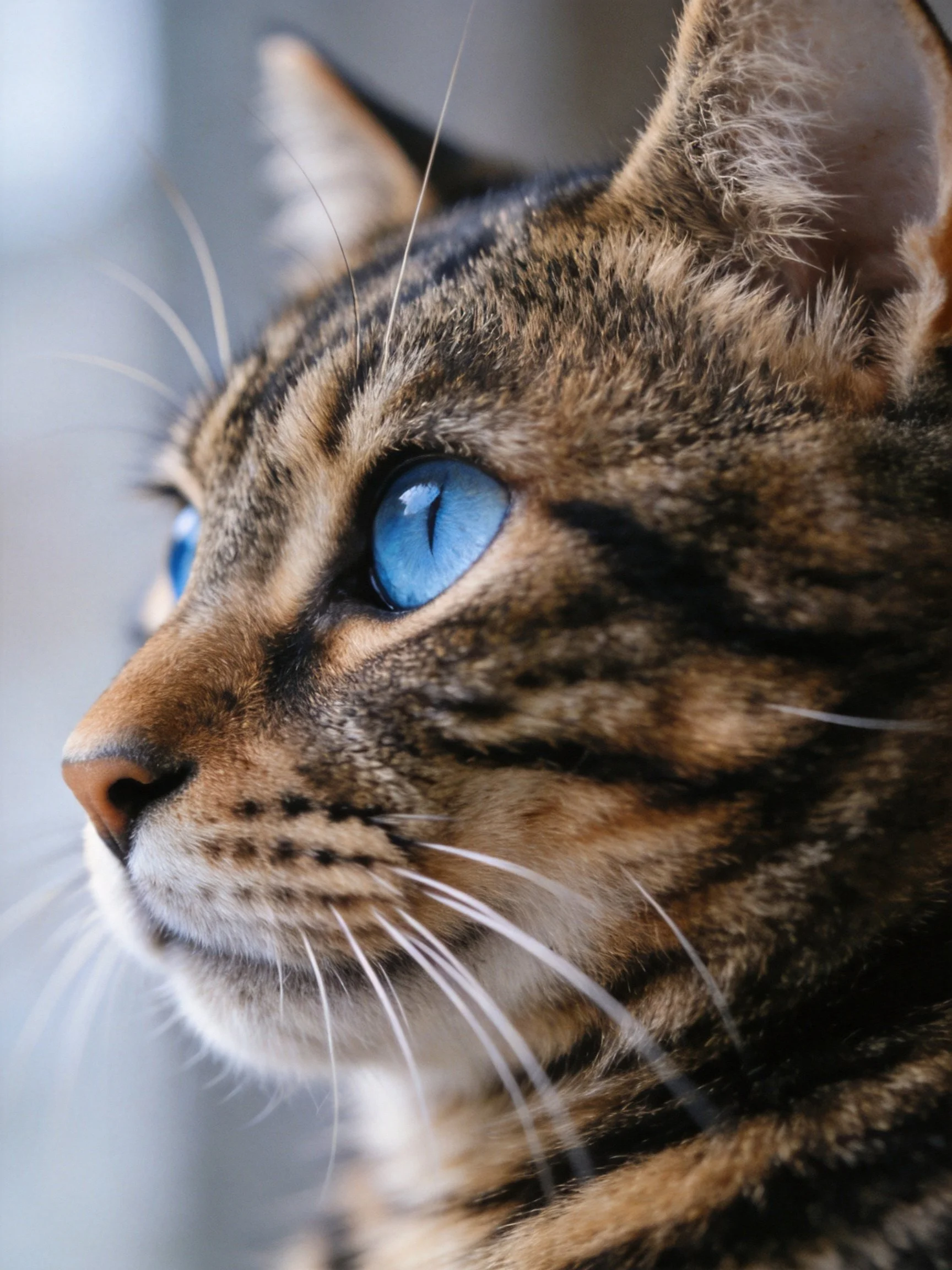 A close-up of a tabby cat with striking blue eyes
