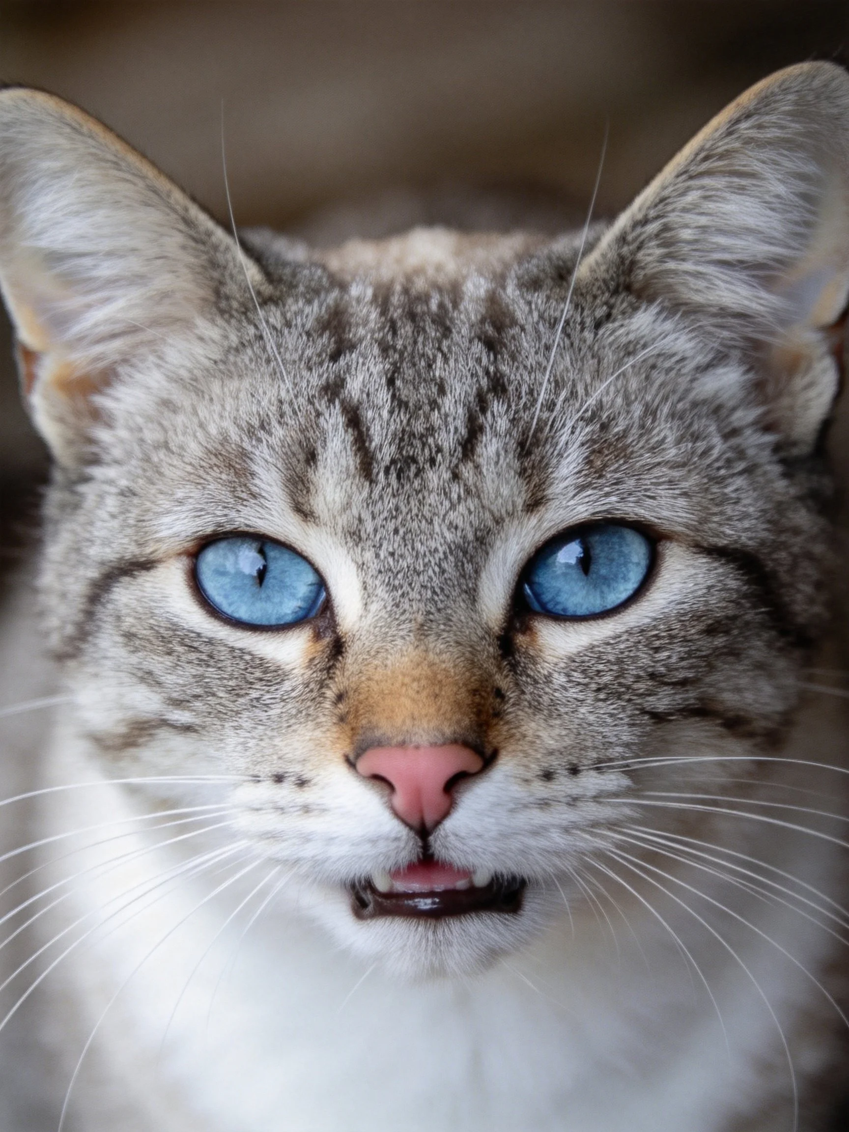 A close-up of a tabby cat with striking blue eyes