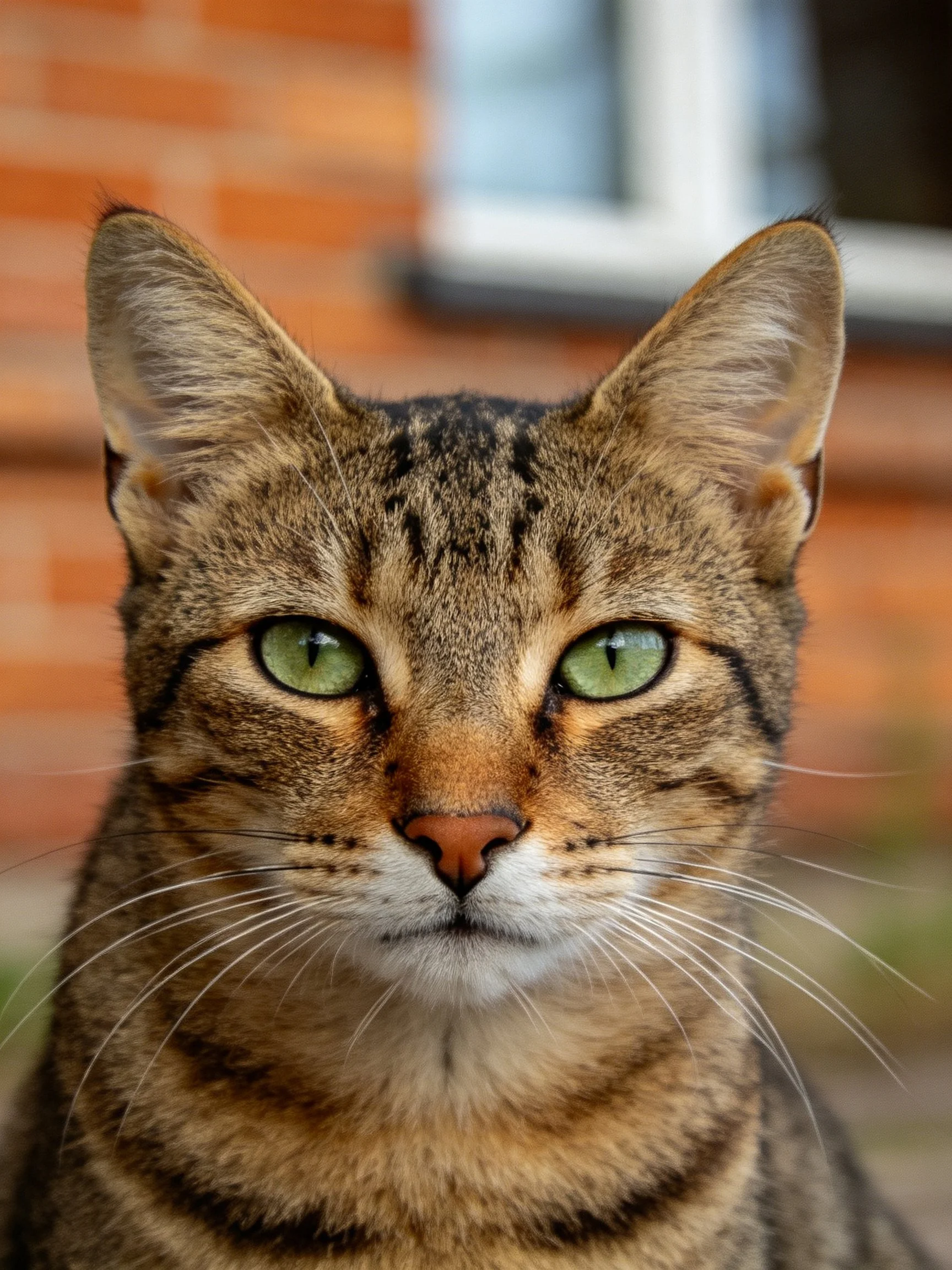 A close-up of a tabby cat with striking green eyes