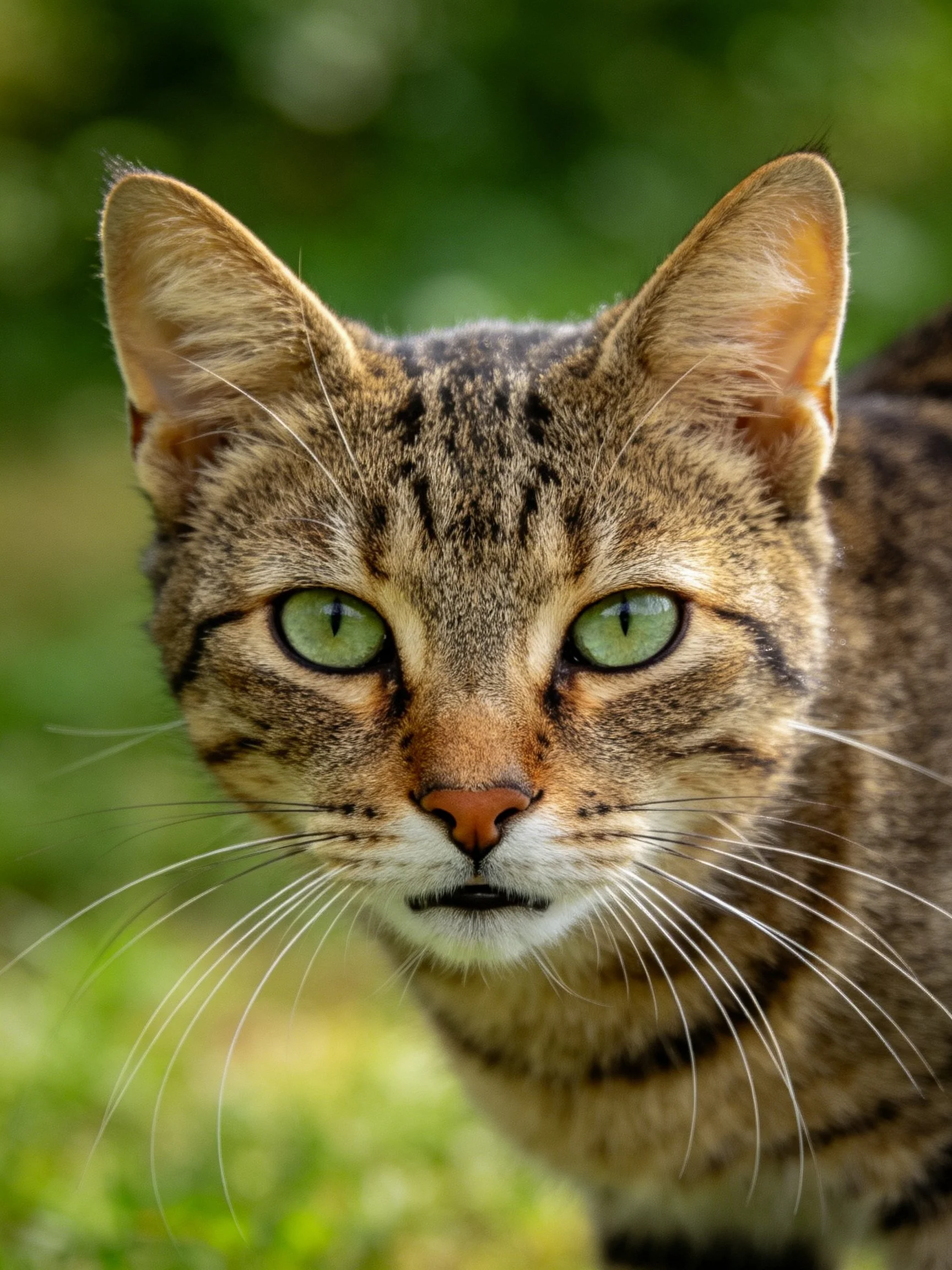 A close - up of a tabby cat with striking green eyes
