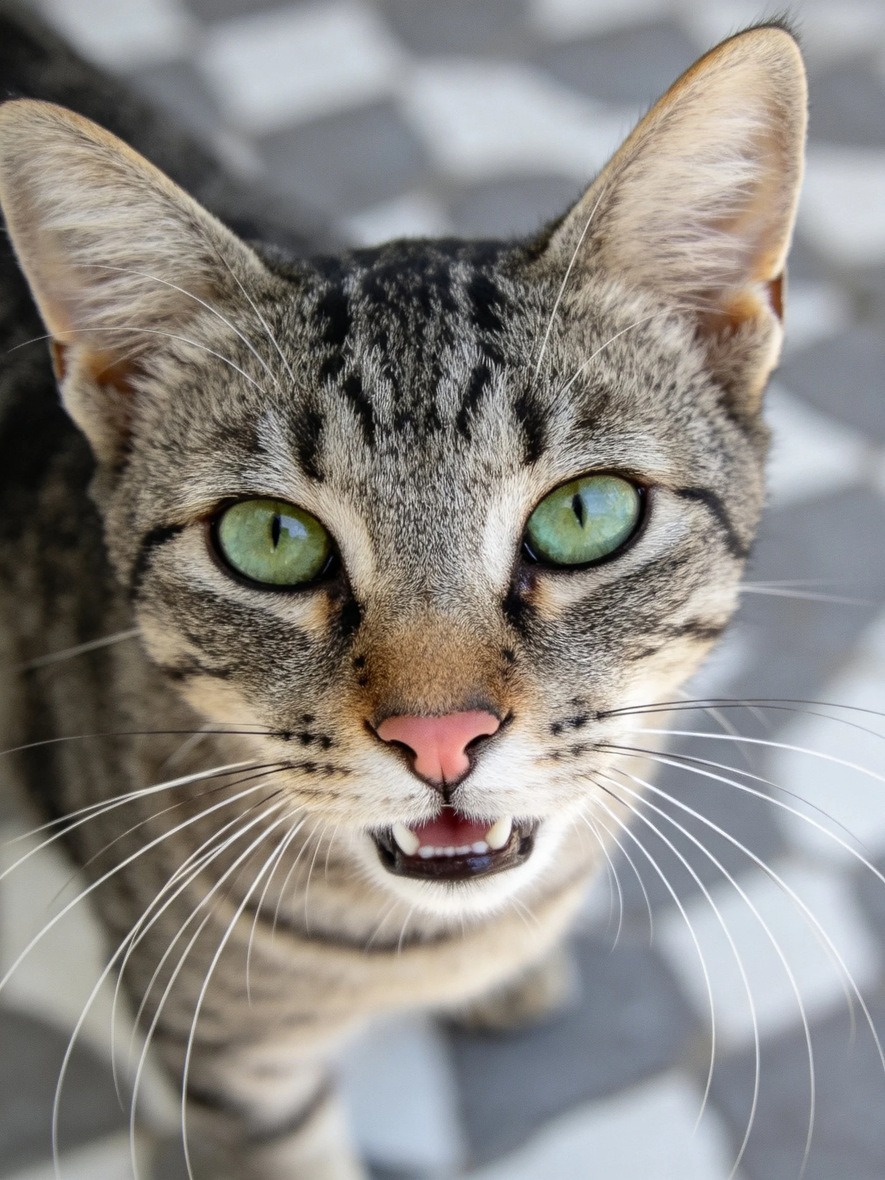 A close - up of a tabby cat with striking green eyes