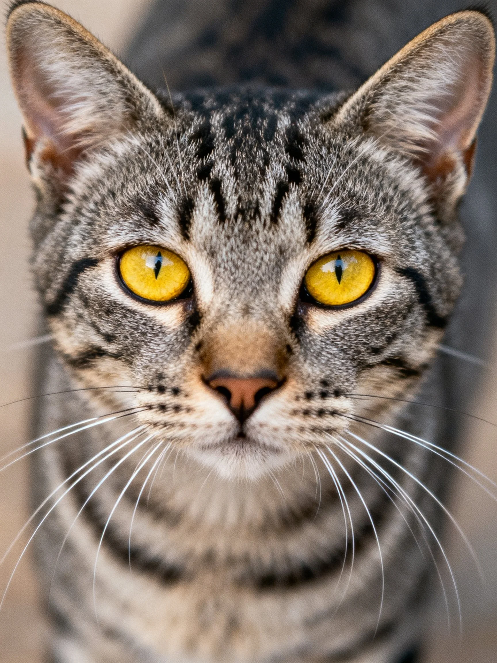 A close - up of a tabby cat with striking yellow eyes