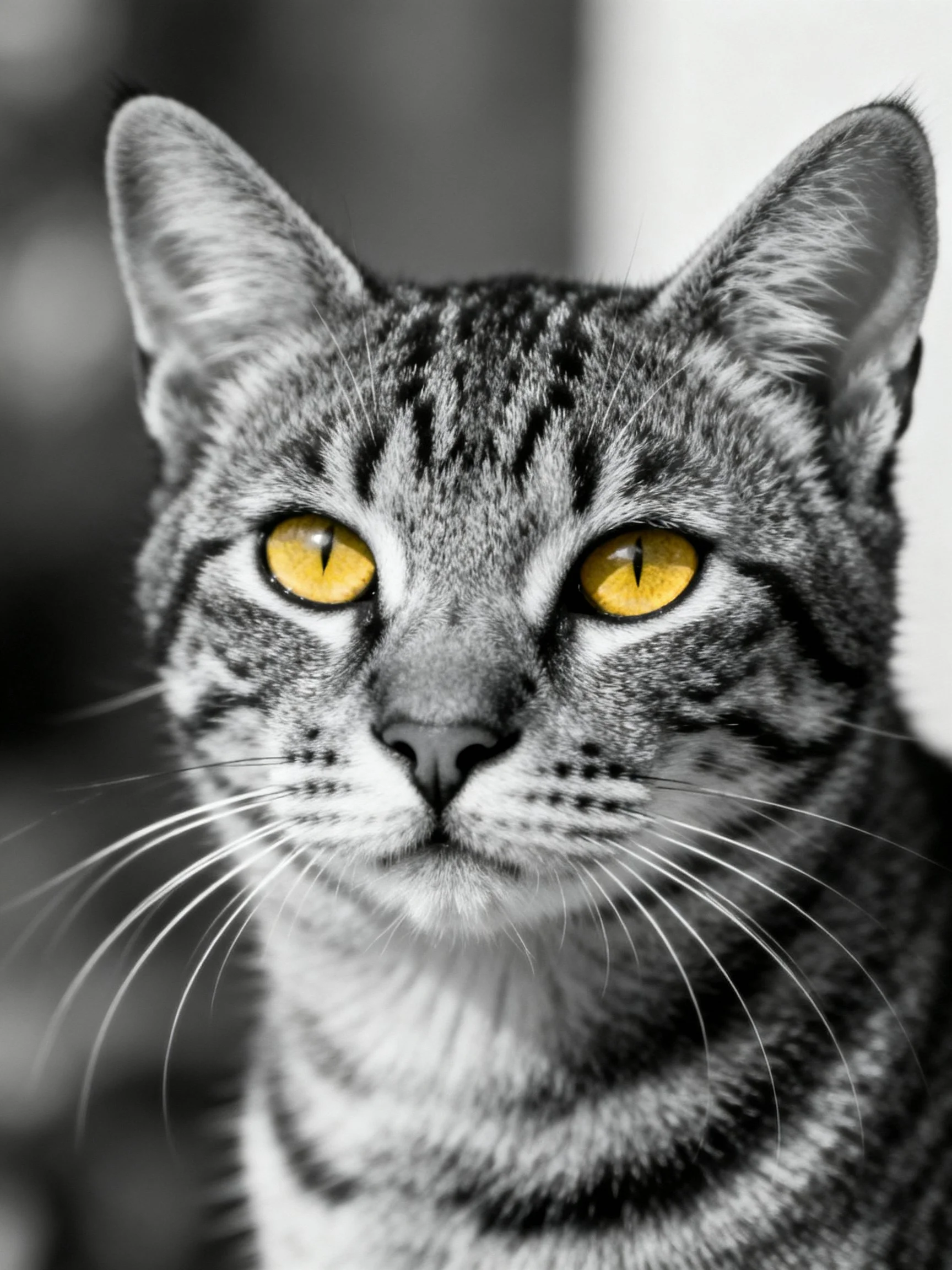 A tabby cat with bright yellow eyes is shown in a close - up photograph.
