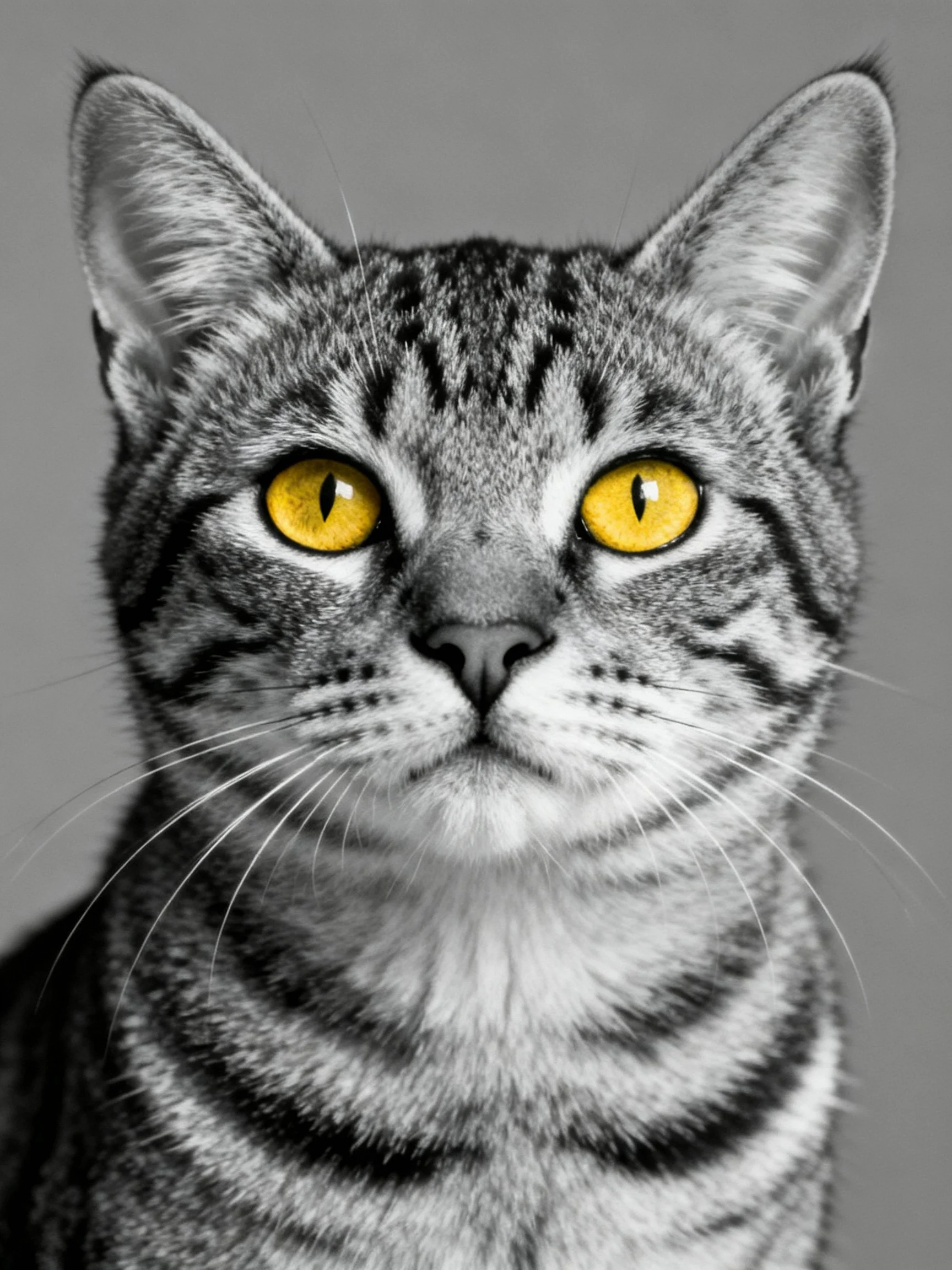 A close-up of a tabby cat with striking yellow eyes