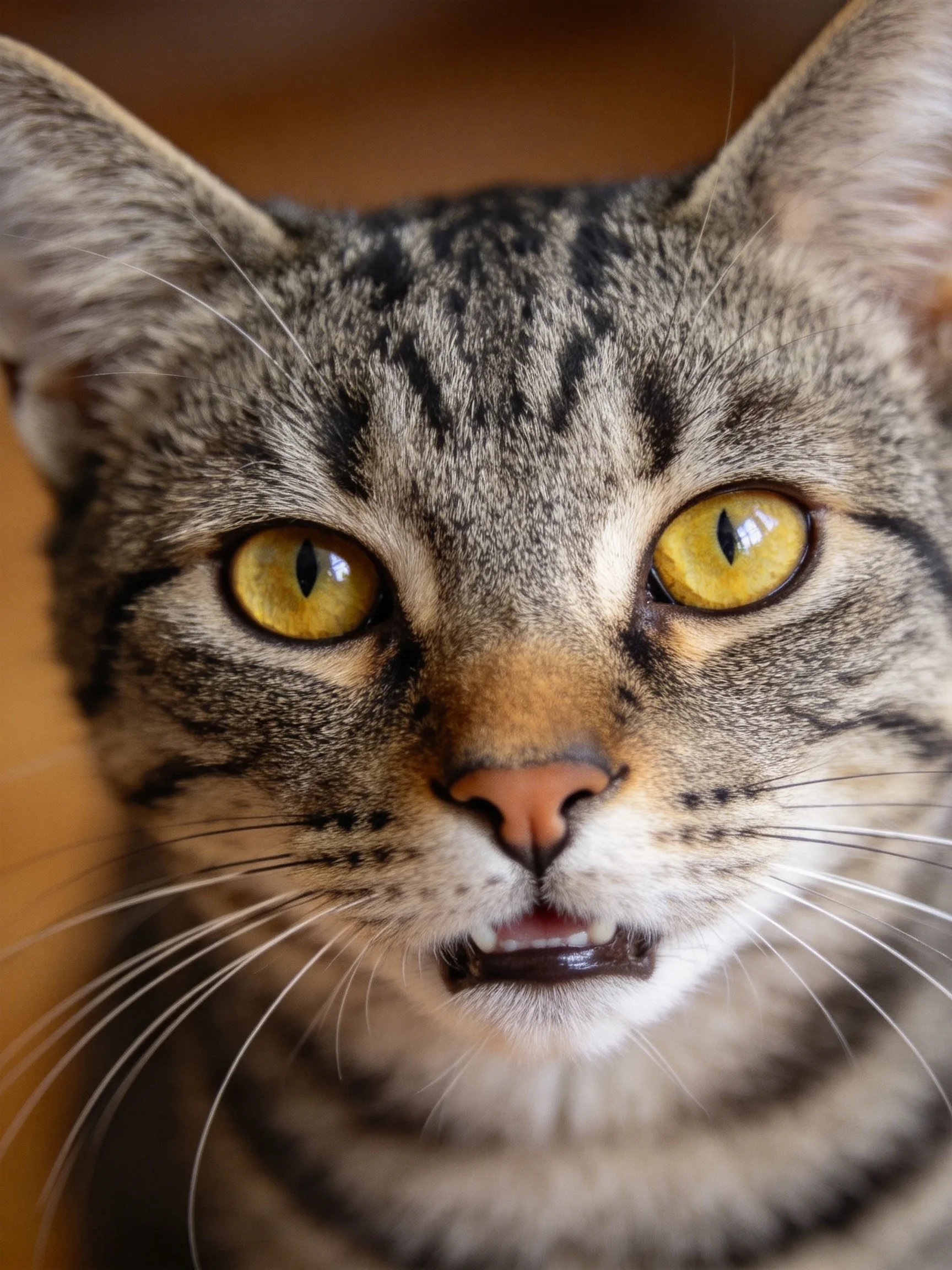 A close - up shows a tabby cat with vivid yellow eyes.