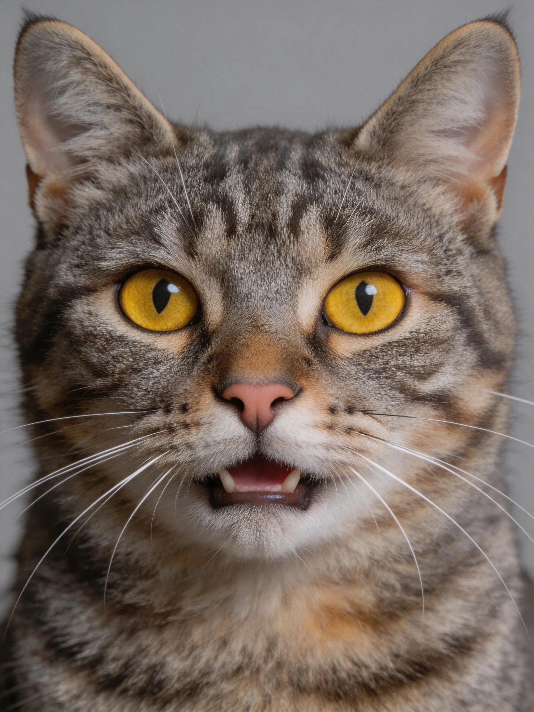 A close - up of a tabby cat with striking yellow eyes