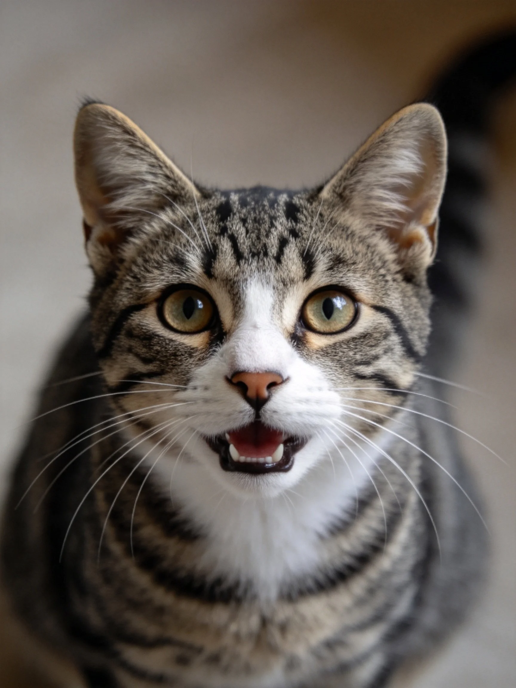 A tabby cat with striped fur looks directly at the camera with its mouth open.