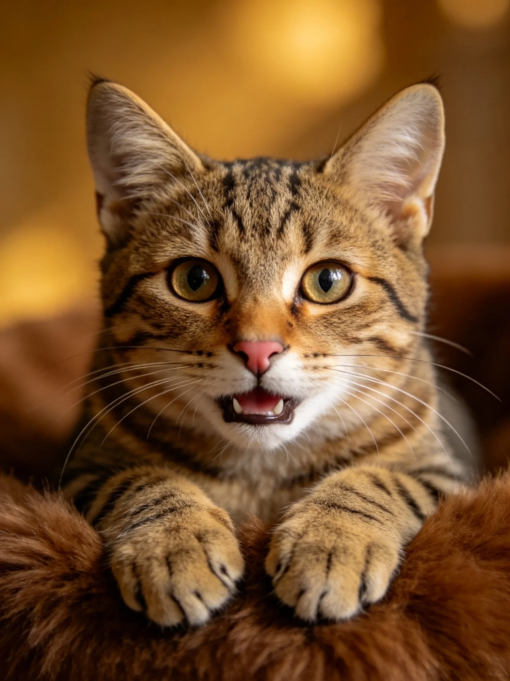 A close-up of a tabby cat with striped fur and wide eyes