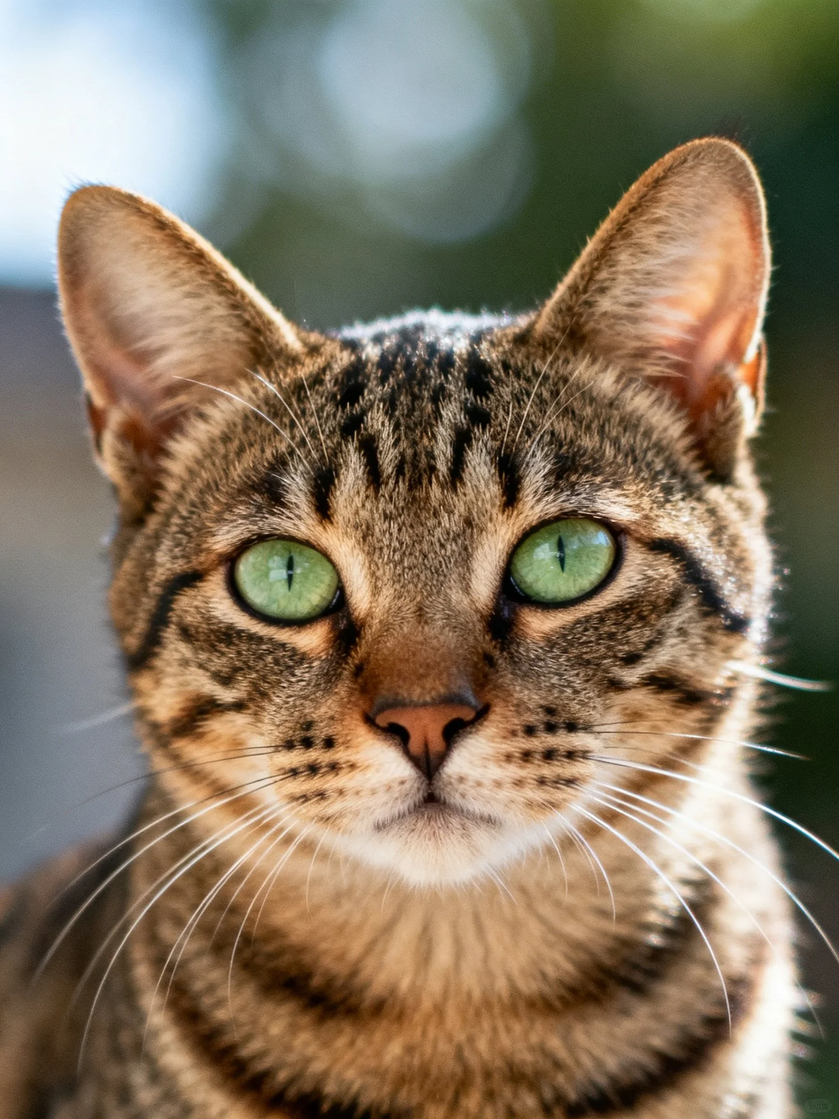 A close - up focuses on a tabby cat with vibrant green eyes.