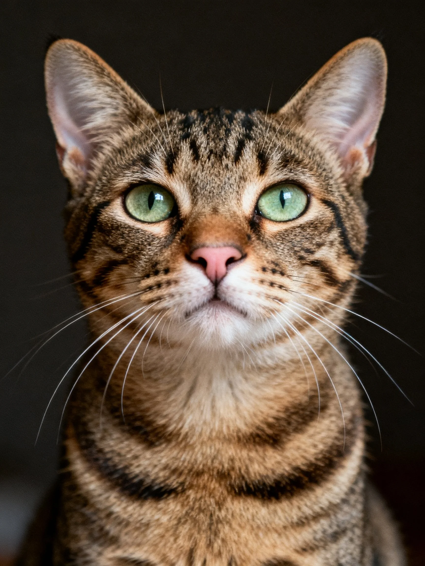 A detailed close - up of a tabby cat with vibrant green eyes against a dark