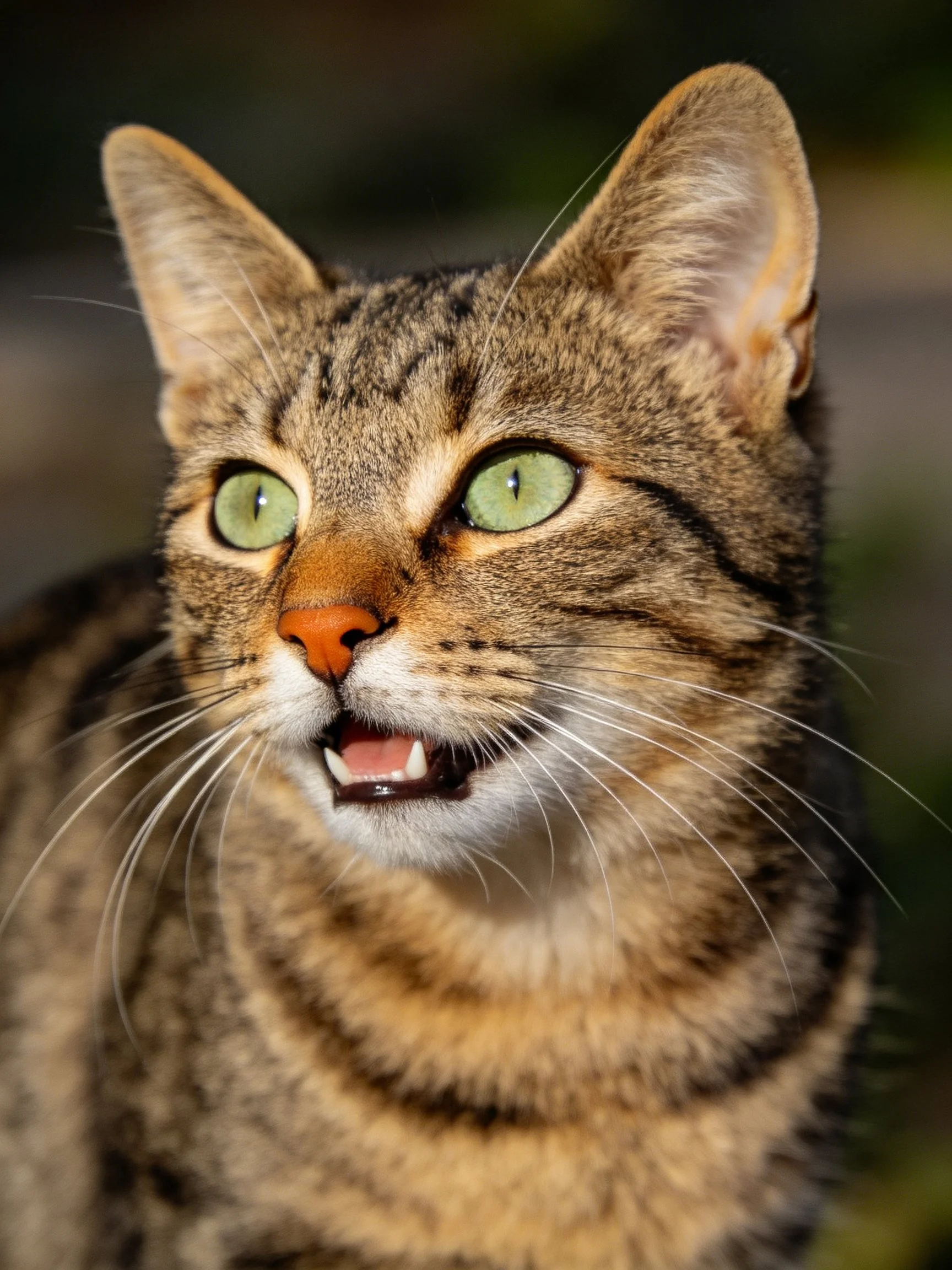 A tabby cat with green eyes is shown up close with its mouth slightly open.