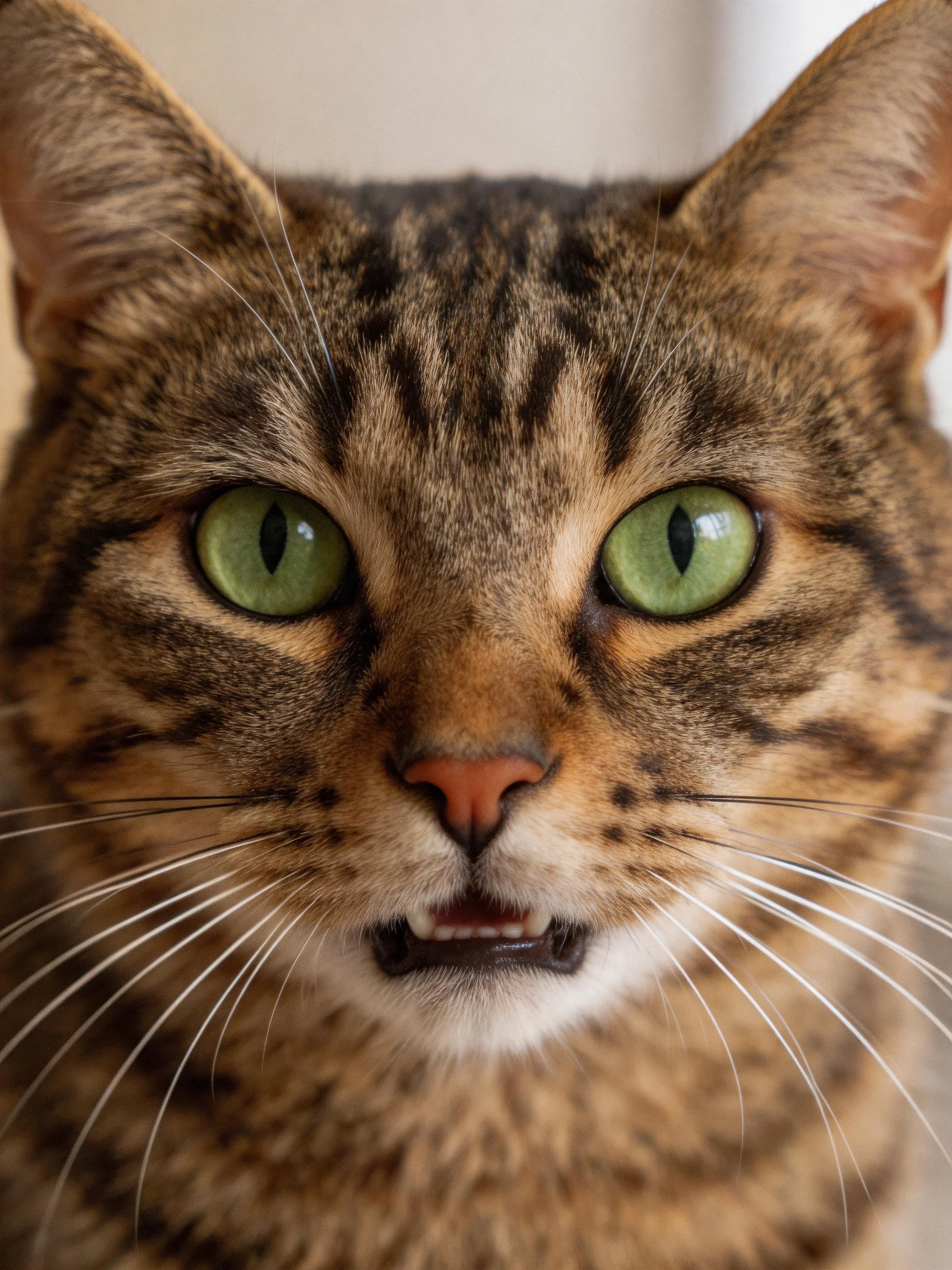 A close-up of a tabby cat with vibrant green eyes and striped fur