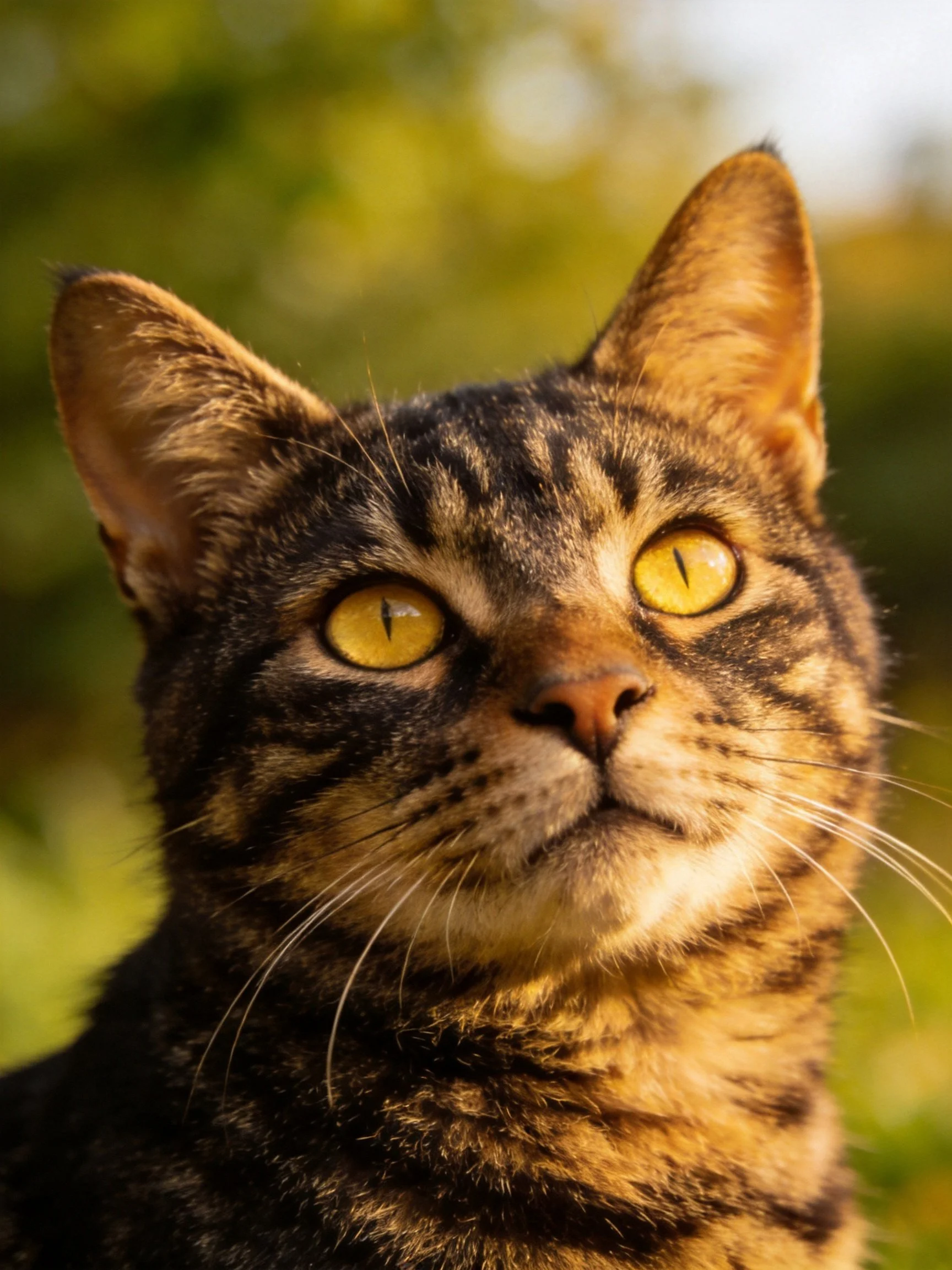 A tabby cat gazes upward with vibrant yellow eyes in an outdoor setting.